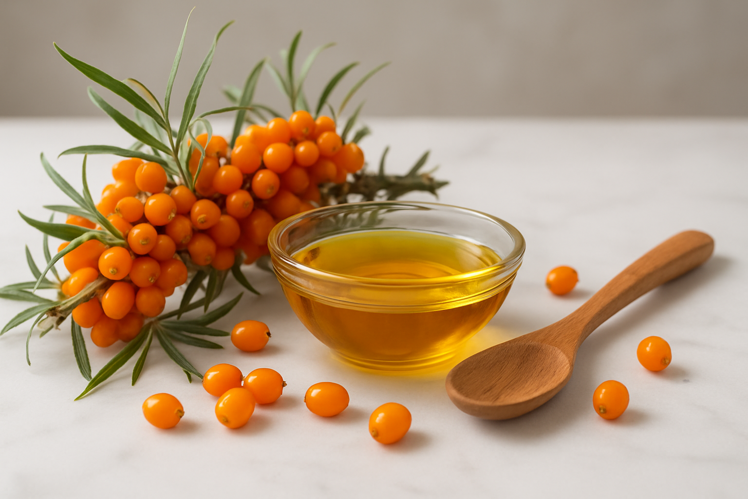 Create a realistic image of vibrant orange sea buckthorn berries clustered on thorny branches with green narrow leaves, placed on a clean white marble surface alongside a small glass bowl filled with golden sea buckthorn oil, a wooden spoon, and scattered fresh berries, with soft natural daylight creating gentle shadows, conveying a sense of natural wellness and completion, shot from a slightly elevated angle with a blurred neutral background, absolutely NO text should be in the scene.