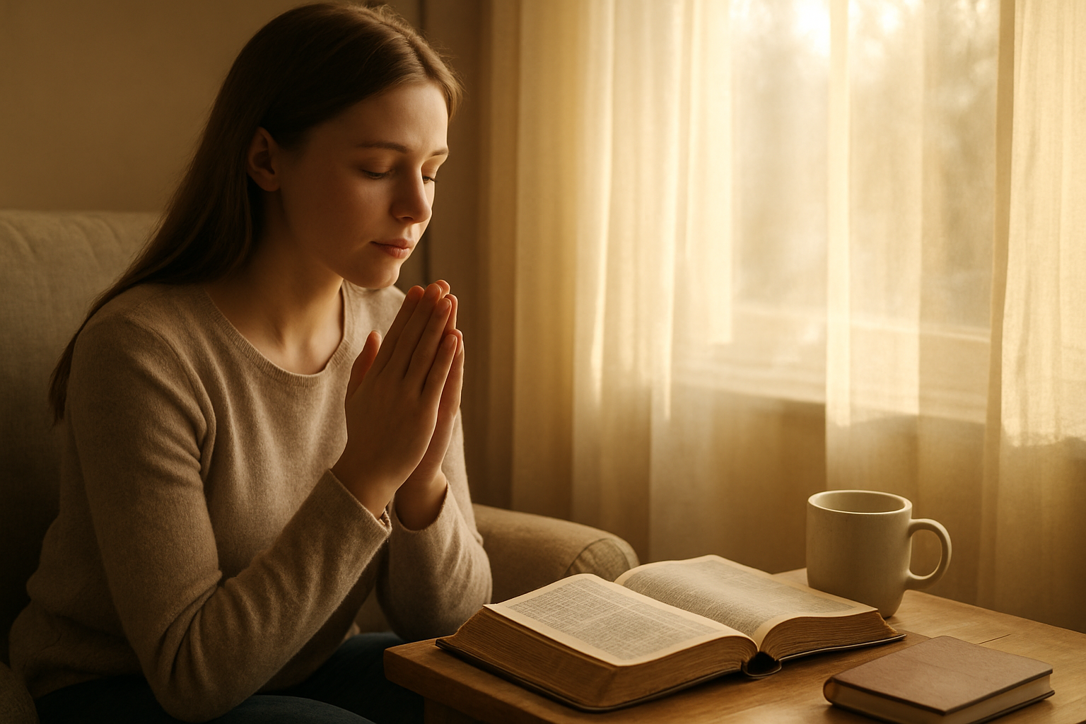 Create a realistic image of a peaceful morning scene showing a white female sitting in a comfortable chair by a sunlit window, with her hands folded in prayer and eyes gently closed, a worn leather Bible resting open on a small wooden table beside her, warm golden sunlight streaming through sheer curtains creating a serene atmosphere, with a simple ceramic coffee cup and journal nearby, soft natural lighting emphasizing tranquility and spiritual reflection, absolutely NO text should be in the scene.