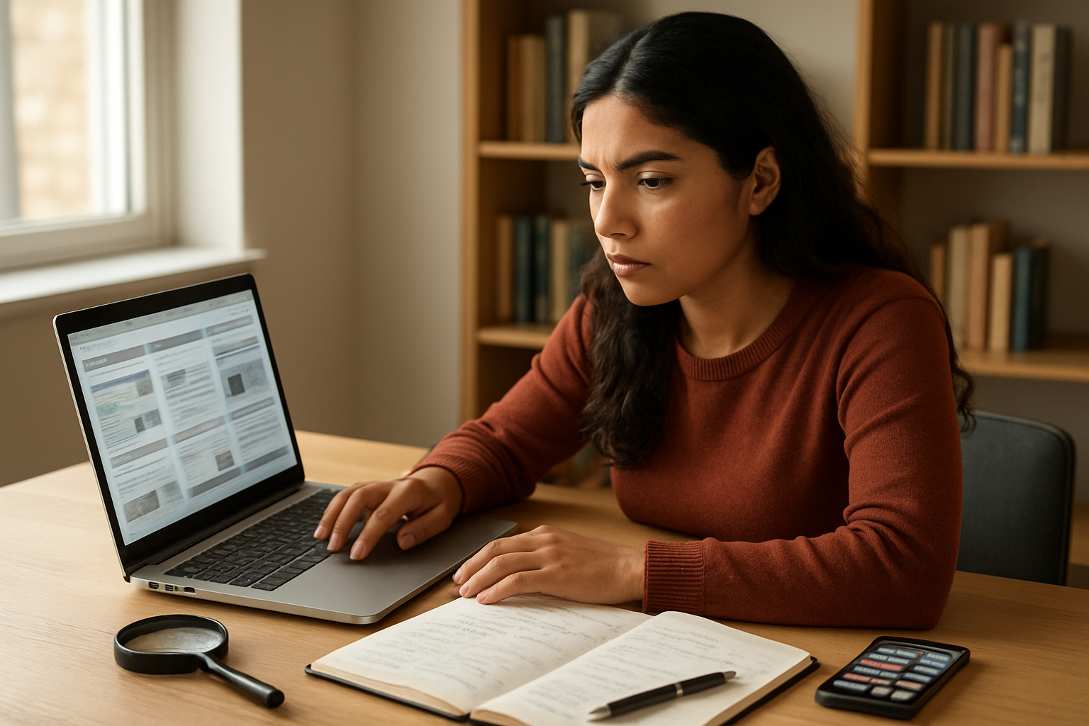 Create a realistic image of a young Hispanic female sitting at a modern desk with a laptop computer, multiple browser tabs open on the screen, a smartphone displaying shopping apps beside the laptop, a notebook with handwritten notes and comparison charts, a magnifying glass, calculator, and pen scattered on the desk, warm natural lighting from a window, clean organized workspace with bookshelves in the background, focused concentrated expression on her face as she researches and compares different options, absolutely NO text should be in the scene.