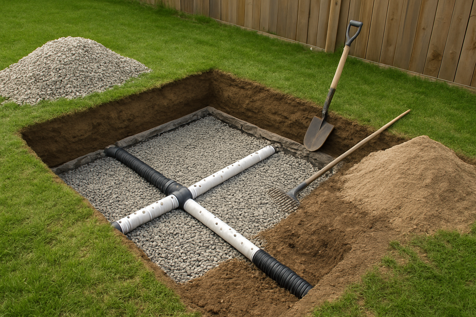 Create a realistic image of a partially constructed backyard dog potty area showing a properly installed drainage system with visible gravel base, perforated drainage pipes, and French drain components laid out in a rectangular excavated area, surrounded by neat piles of gravel and sand materials, with basic landscaping tools like a shovel and rake nearby, set in a residential backyard with grass and fence visible in the background, captured in natural daylight with clear visibility of the drainage infrastructure details, absolutely NO text should be in the scene.