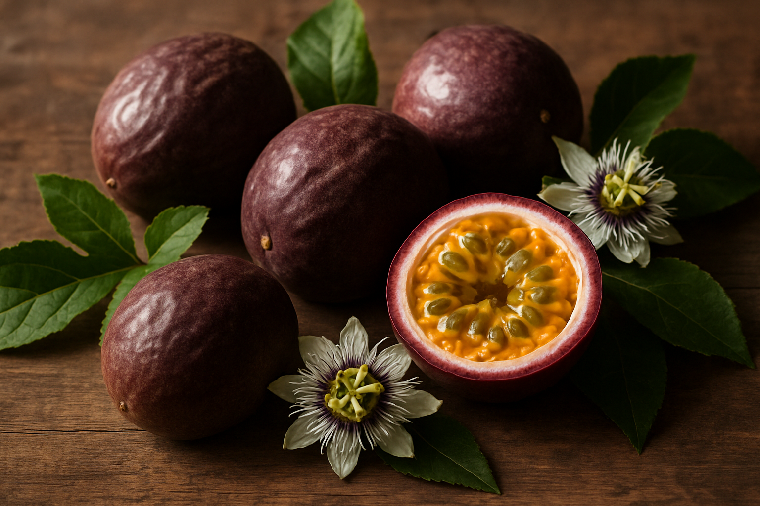 Create a realistic image of fresh passion fruits displayed on a rustic wooden surface, showing both whole purple passion fruits with wrinkled skin and one cut in half revealing the vibrant yellow-orange pulp with black seeds inside, surrounded by green passion fruit leaves and small white passion fruit flowers, with warm natural lighting casting soft shadows, creating an inviting and educational botanical composition that summarizes the essence of passion fruit knowledge, absolutely NO text should be in the scene.