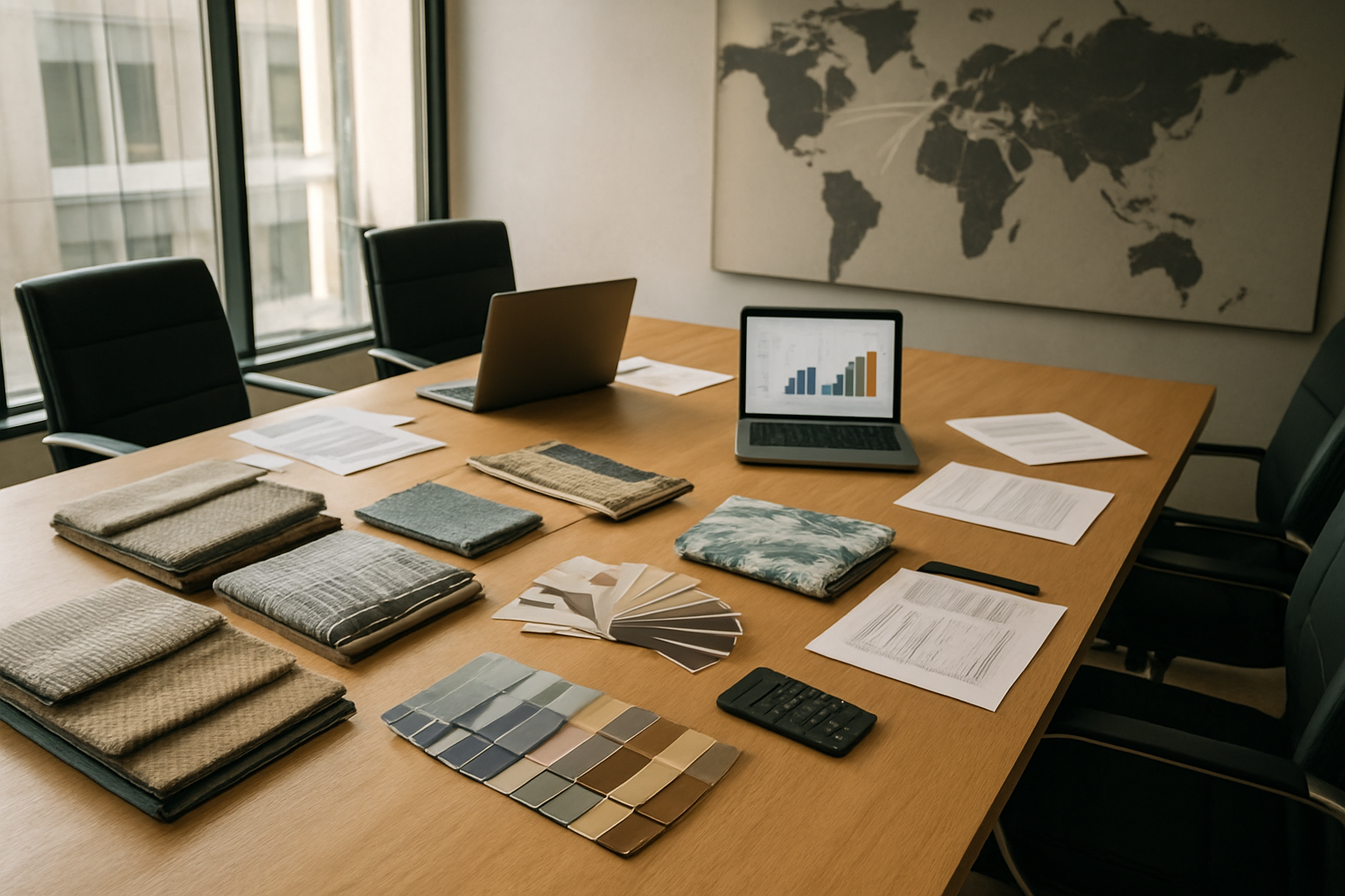 Create a realistic image of a modern conference room with a large wooden table displaying fabric samples, color swatches, and rolled textiles in various patterns, alongside open laptops showing charts and graphs, with a world map on the wall highlighting trade routes between India and other countries, professional documents and contracts scattered on the table, a calculator and pen nearby, warm natural lighting from large windows, and a sophisticated business atmosphere. Absolutely NO text should be in the scene.