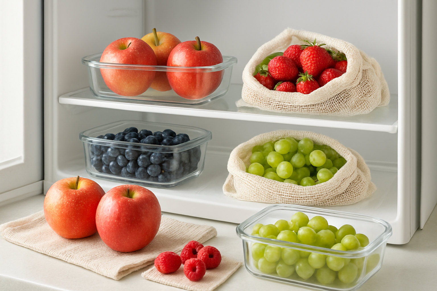 Create a realistic image of freshly washed fruits including apples, berries, and grapes being properly stored in clean glass containers and mesh produce bags inside a bright, well-organized refrigerator, with some fruits placed on clean kitchen counter towels to air dry, featuring proper food safety storage with fruits separated and containers labeled, in a clean modern kitchen setting with natural lighting, absolutely NO text should be in the scene.
