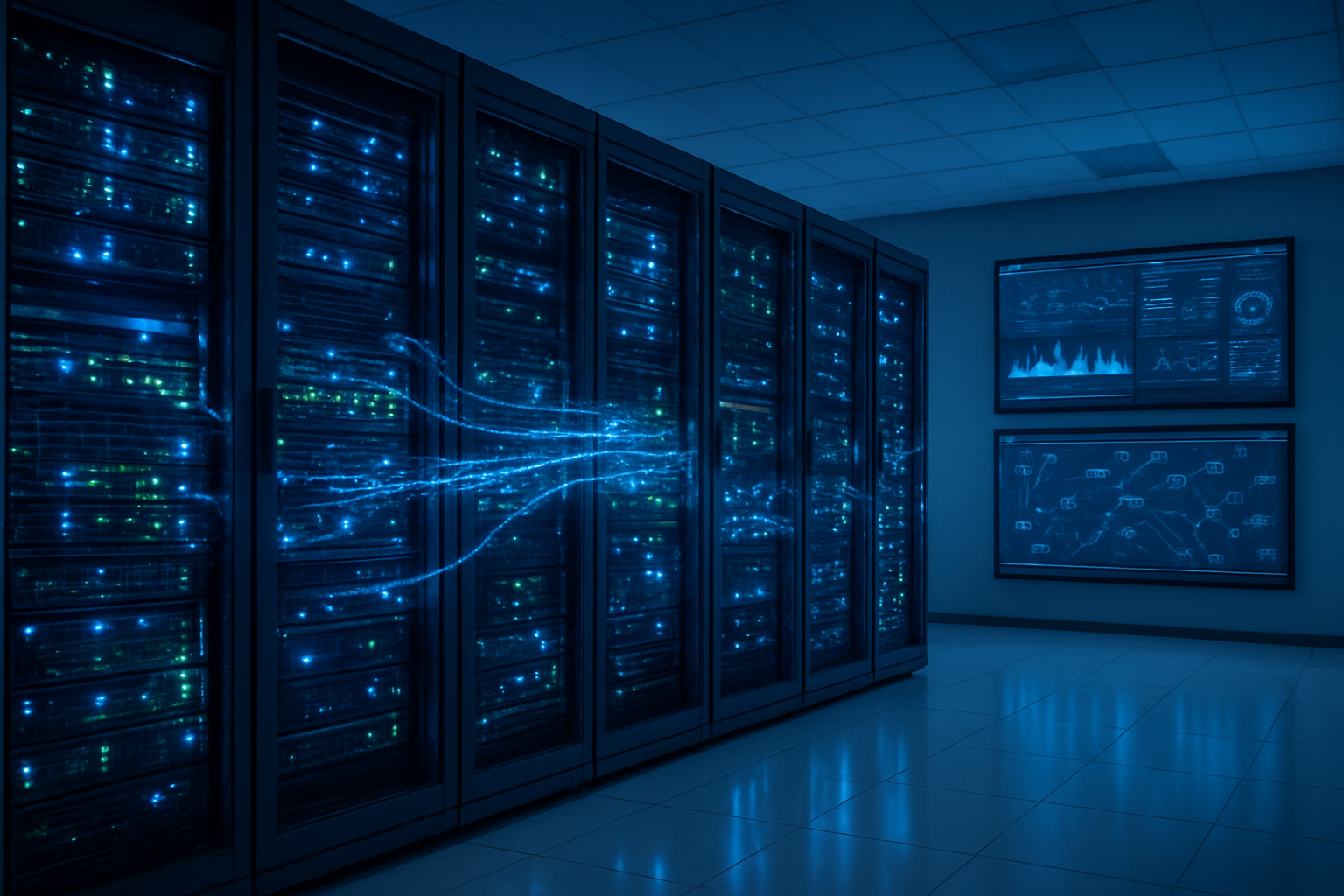 Create a realistic image of a modern data center server room with multiple black server racks containing blinking LED lights in blue and green colors, with fiber optic cables connecting the equipment, digital data streams visualized as flowing light particles moving between servers, large wall-mounted monitors displaying real-time analytics dashboards and data flow diagrams, cool blue ambient lighting illuminating the technical environment, clean white floors reflecting the server lights, and a professional high-tech atmosphere showing the infrastructure for processing IoT data streams, absolutely NO text should be in the scene.