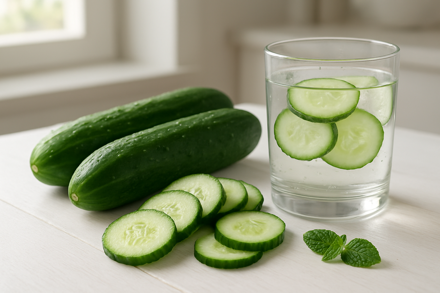 Create a realistic image of fresh whole cucumbers and sliced cucumber pieces arranged on a clean white wooden table alongside a glass of cucumber-infused water, with soft natural lighting from a nearby window creating gentle shadows, surrounded by subtle elements suggesting health and nutrition like a few mint leaves and water droplets on the cucumber surfaces, shot from a slightly elevated angle to showcase the fresh, crisp texture of the vegetables, with a clean minimalist kitchen background slightly blurred, emphasizing the natural freshness and nutritional appeal of the cucumbers, absolutely NO text should be in the scene.