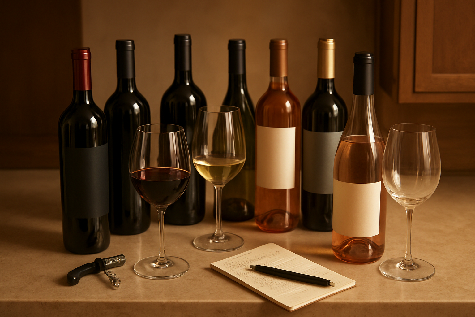 Create a realistic image of a kitchen counter or dining room sideboard displaying multiple wine bottles of different varieties arranged as backup options, including red wines, white wines, and rosé, with some bottles opened and others sealed, alongside a wine opener, extra wine glasses, and a small notepad with wine selection notes, set in warm ambient lighting that suggests preparation and planning for a dinner party, with elegant wooden or marble surfaces visible in the background, absolutely NO text should be in the scene.