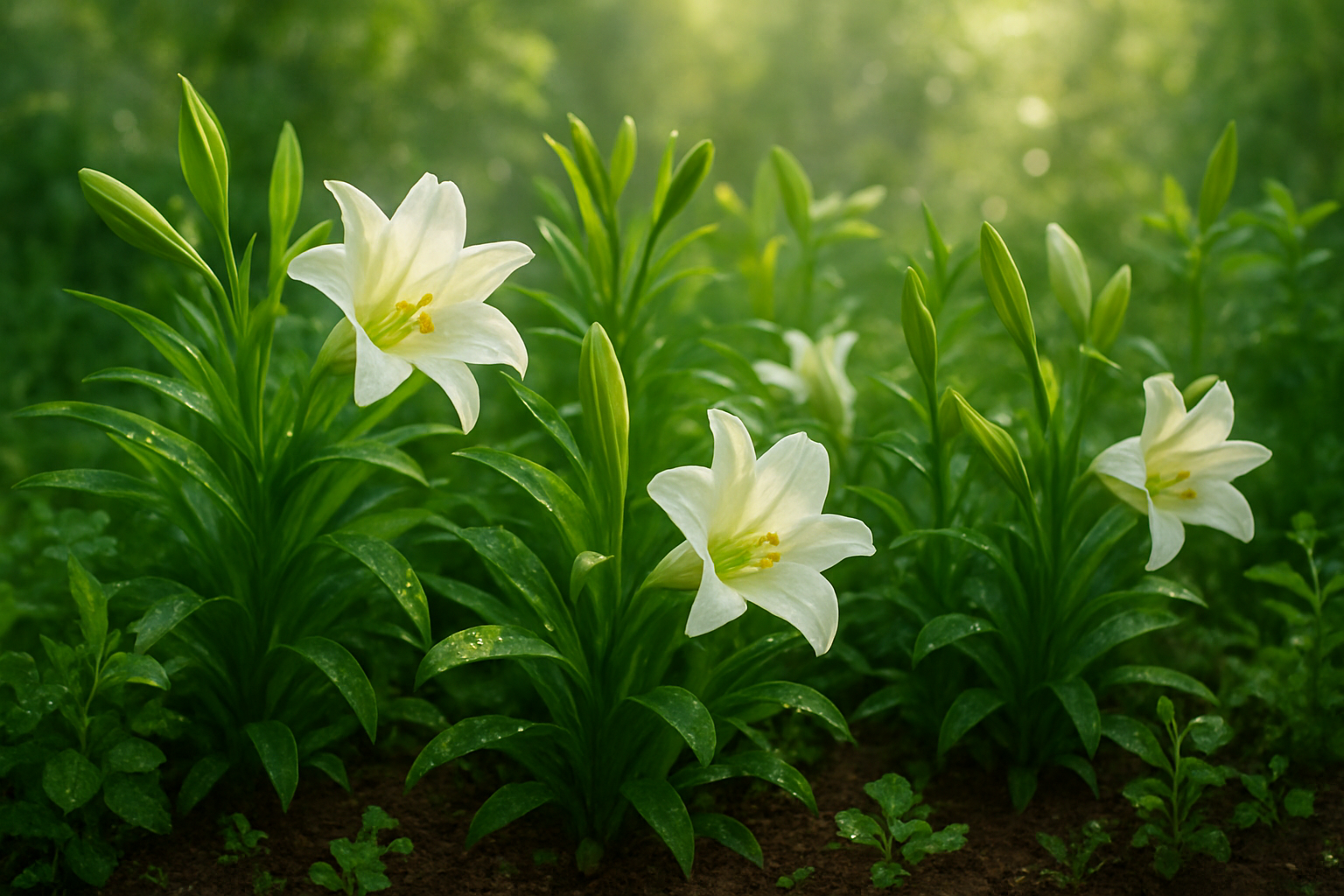 Create a realistic image of lush green Easter lilies and spring foliage arranged in a beautiful display, featuring vibrant green stems, leaves, and new growth sprouting from rich soil, with soft natural lighting filtering through the scene to emphasize the fresh, life-giving qualities of green during the Easter season, complemented by subtle white lily blooms and a peaceful garden background with morning dew on the plants. Absolutely NO text should be in the scene.
