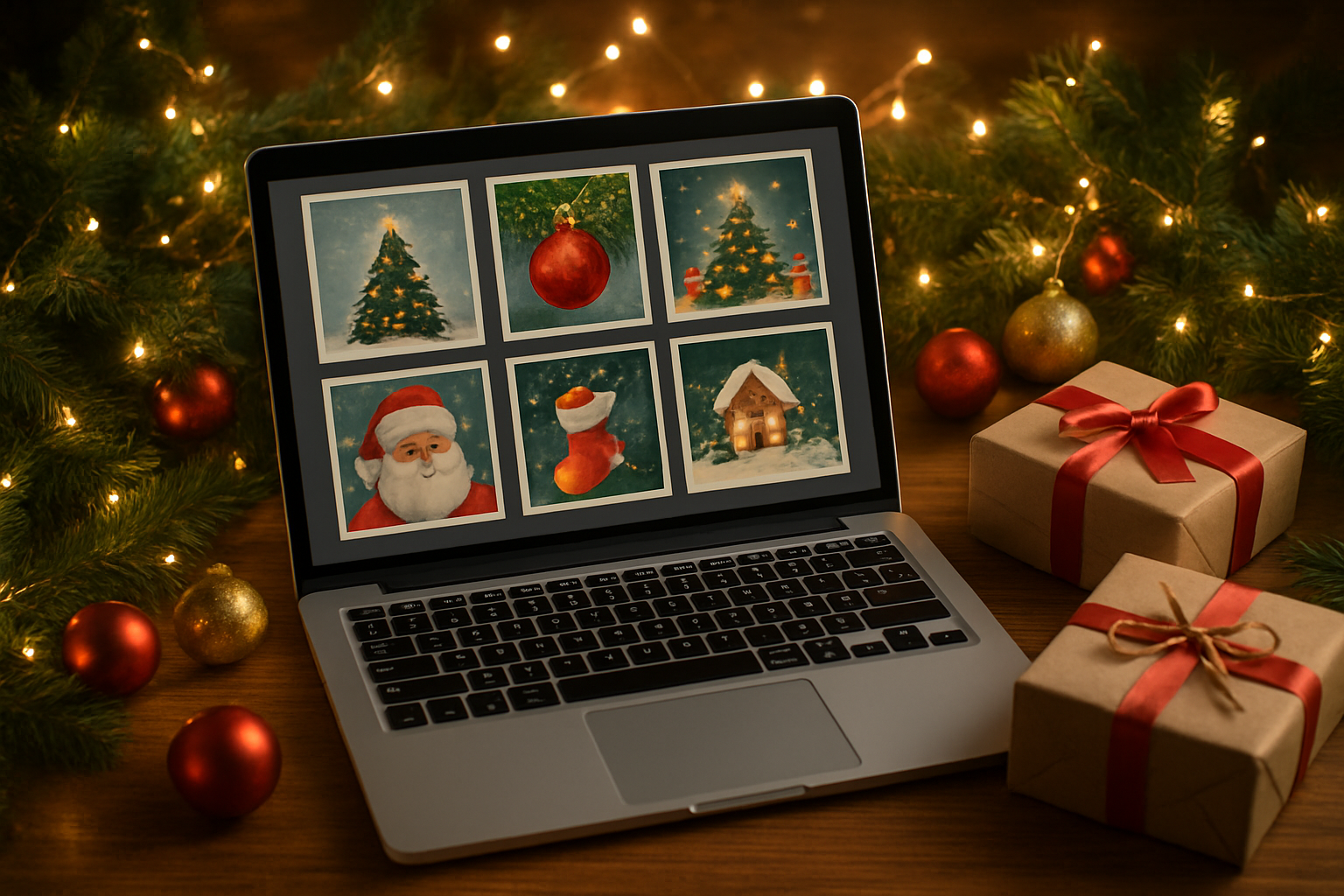 Create a realistic image of a cozy holiday scene featuring an open laptop displaying a digital Christmas card collection on screen, surrounded by festive Christmas decorations including pine branches, red and gold ornaments, twinkling fairy lights, and wrapped gift boxes on a warm wooden desk surface, with soft golden lighting creating a welcoming atmosphere that conveys the convenience and joy of digital holiday shopping, absolutely NO text should be in the scene.