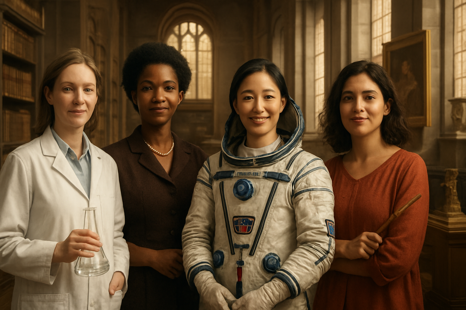 Create a realistic image of a diverse group of women from different historical eras standing together in a grand library or museum hall, including a white female scientist in a lab coat holding a beaker, a black female civil rights leader in 1960s attire, an Asian female astronaut in a space suit, and a Hispanic female artist holding a paintbrush, with historical artifacts, books, and achievements displayed on shelves and pedestals in the background, warm golden lighting illuminating the scene from tall windows, creating an inspiring and celebratory atmosphere that honors women's contributions throughout history, absolutely NO text should be in the scene.