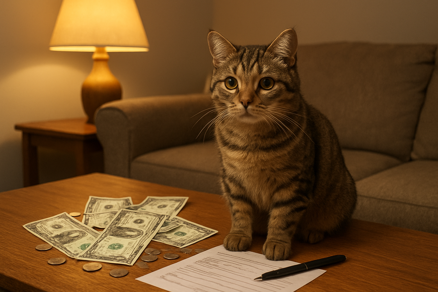 Create a realistic image of a cozy living room scene with a cute tabby cat sitting on a wooden table next to scattered dollar bills, coins, and adoption paperwork, with a warm lamp providing soft lighting in the background, a comfortable couch visible, and the overall mood conveying the financial planning aspect of pet adoption. Absolutely NO text should be in the scene.