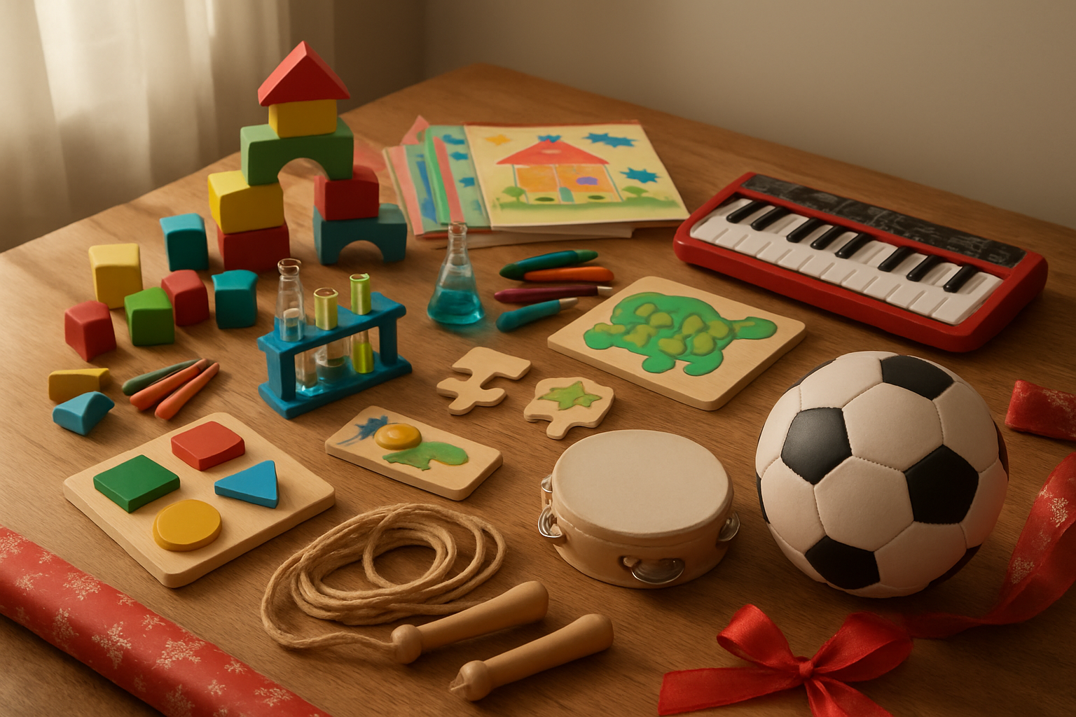 Create a realistic image of various educational and developmental toys organized by age categories on a wooden table surface, including colorful building blocks, art supplies like crayons and coloring books, STEM learning toys such as simple science kits and puzzles, board games, musical instruments like a small keyboard and tambourine, sports equipment including a soccer ball and jump rope, all arranged in distinct groups with soft natural lighting from a window, creating a warm and inviting atmosphere that emphasizes learning and development, with Christmas gift wrapping paper and ribbons subtly placed around the edges, absolutely NO text should be in the scene.
