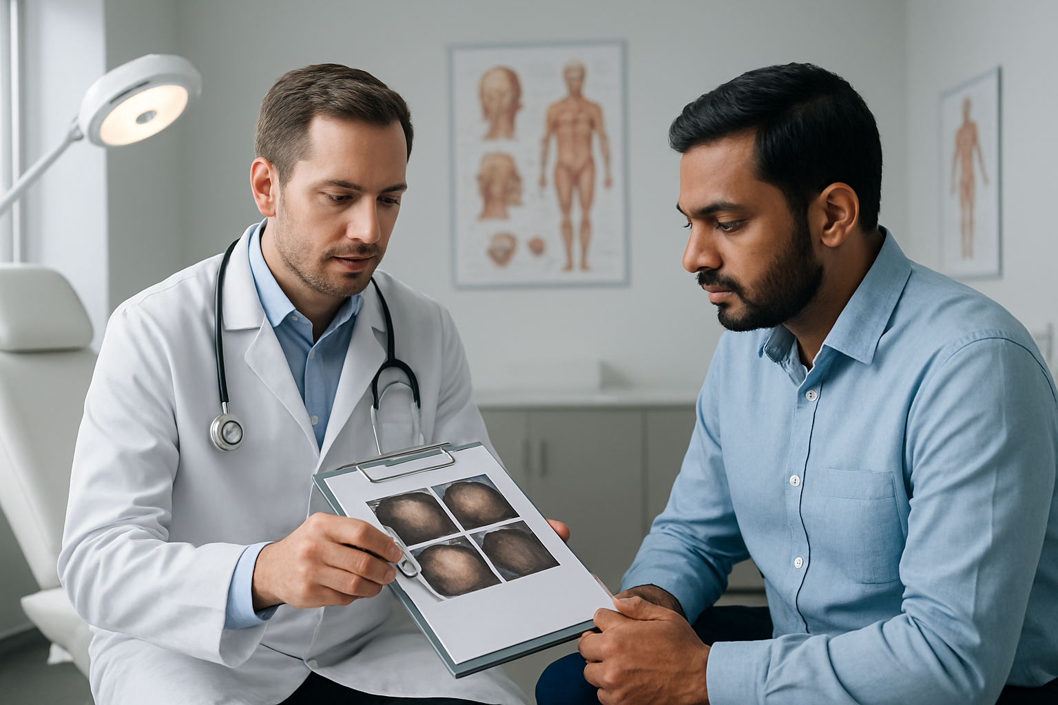 Create a realistic image of a modern medical consultation room with a white male doctor in a white coat sitting across from a South Asian male patient, both examining hair loss documentation on a clipboard, with medical charts on the wall, a clean examination chair, professional lighting, and a calm, clinical atmosphere. Absolutely NO text should be in the scene.