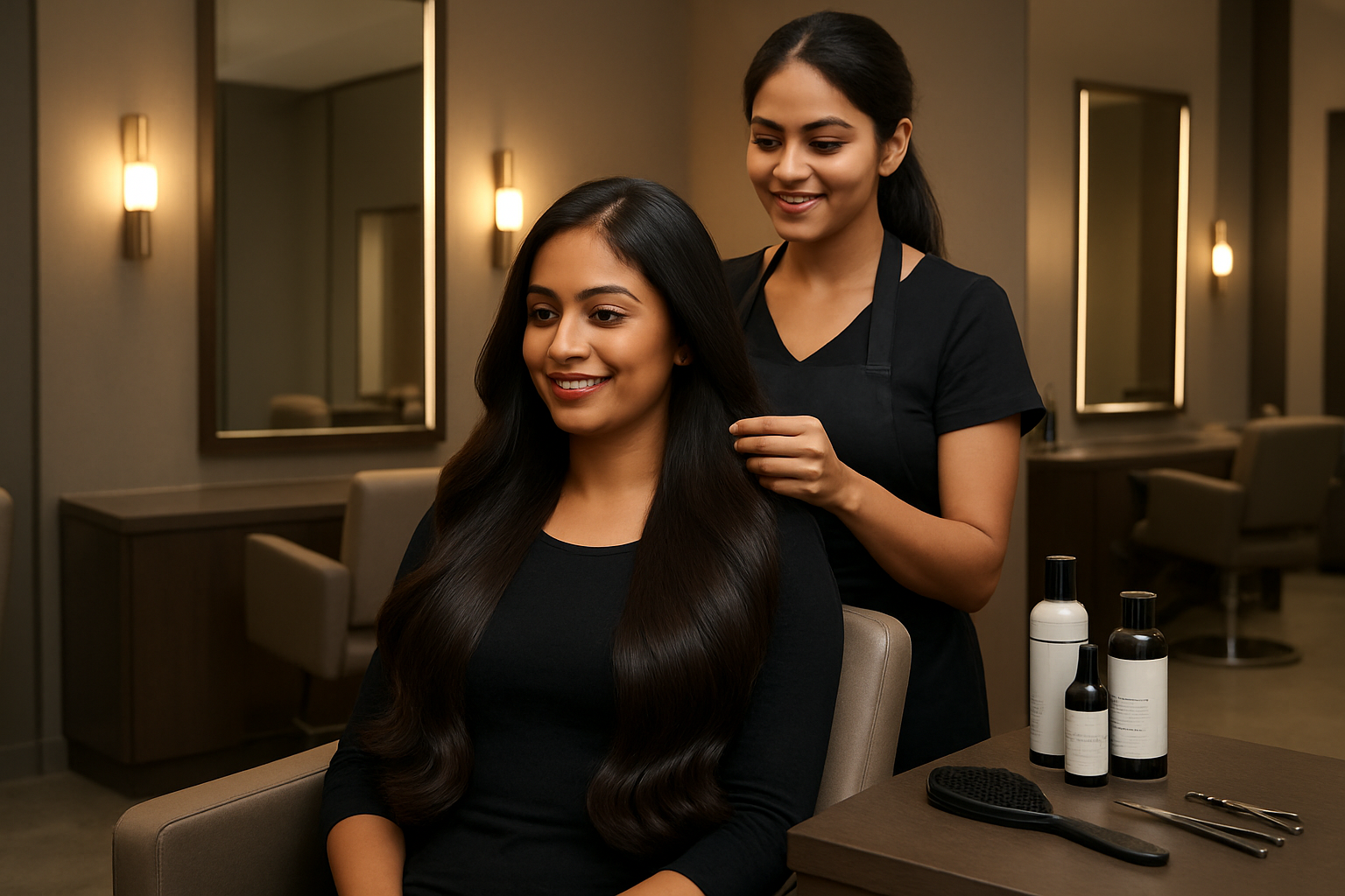 Create a realistic image of a professional hair salon interior in Bangalore showcasing the conclusion of hair extension services, featuring a satisfied South Asian female client sitting in a modern salon chair with beautiful long hair extensions perfectly styled and blended with her natural hair, a professional South Asian female hair stylist standing behind her making final adjustments to the hair, premium hair extension products and tools neatly arranged on a sleek counter nearby, modern salon mirrors with elegant lighting, contemporary salon furniture in neutral tones, warm and inviting atmosphere with soft professional lighting that highlights the glossy healthy-looking hair extensions, clean and luxurious salon environment that conveys expertise and quality service, absolutely NO text should be in the scene.