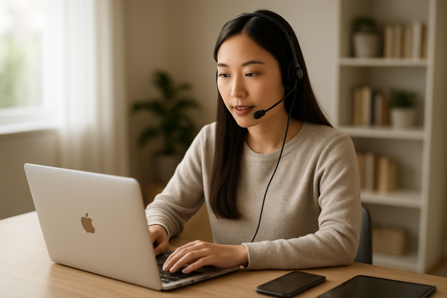 Create a realistic image of a young Asian female customer service representative wearing a headset and sitting at a modern home office desk with an Apple MacBook, iPhone, and iPad visible on the workspace, soft natural lighting from a window in the background creating a warm and professional atmosphere, the woman appears focused and engaged while speaking into her headset microphone, clean minimalist home office setup with plants and bookshelves slightly blurred in the background, absolutely NO text should be in the scene.