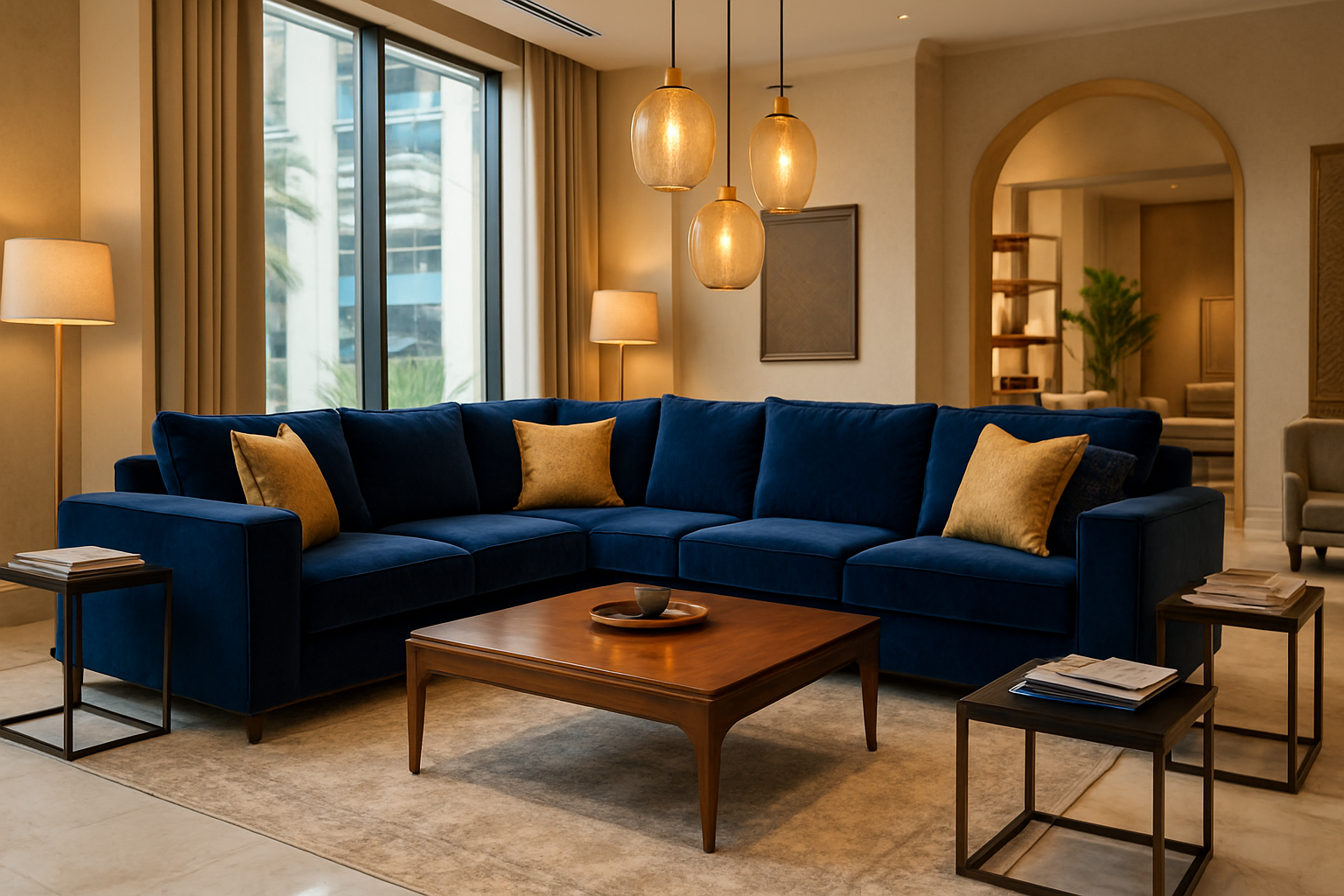 Create a realistic image of a luxurious custom-made sectional sofa in rich navy blue velvet upholstery placed in an elegant modern living room showroom, with complementary throw pillows in gold accents, a polished wooden coffee table nearby, warm ambient lighting from pendant lamps and natural light streaming through large windows, marble flooring with area rugs, and fabric samples and design catalogs subtly placed on side tables suggesting customization options, all set in an upscale furniture store environment in Riyadh with contemporary Middle Eastern interior design elements, absolutely NO text should be in the scene.