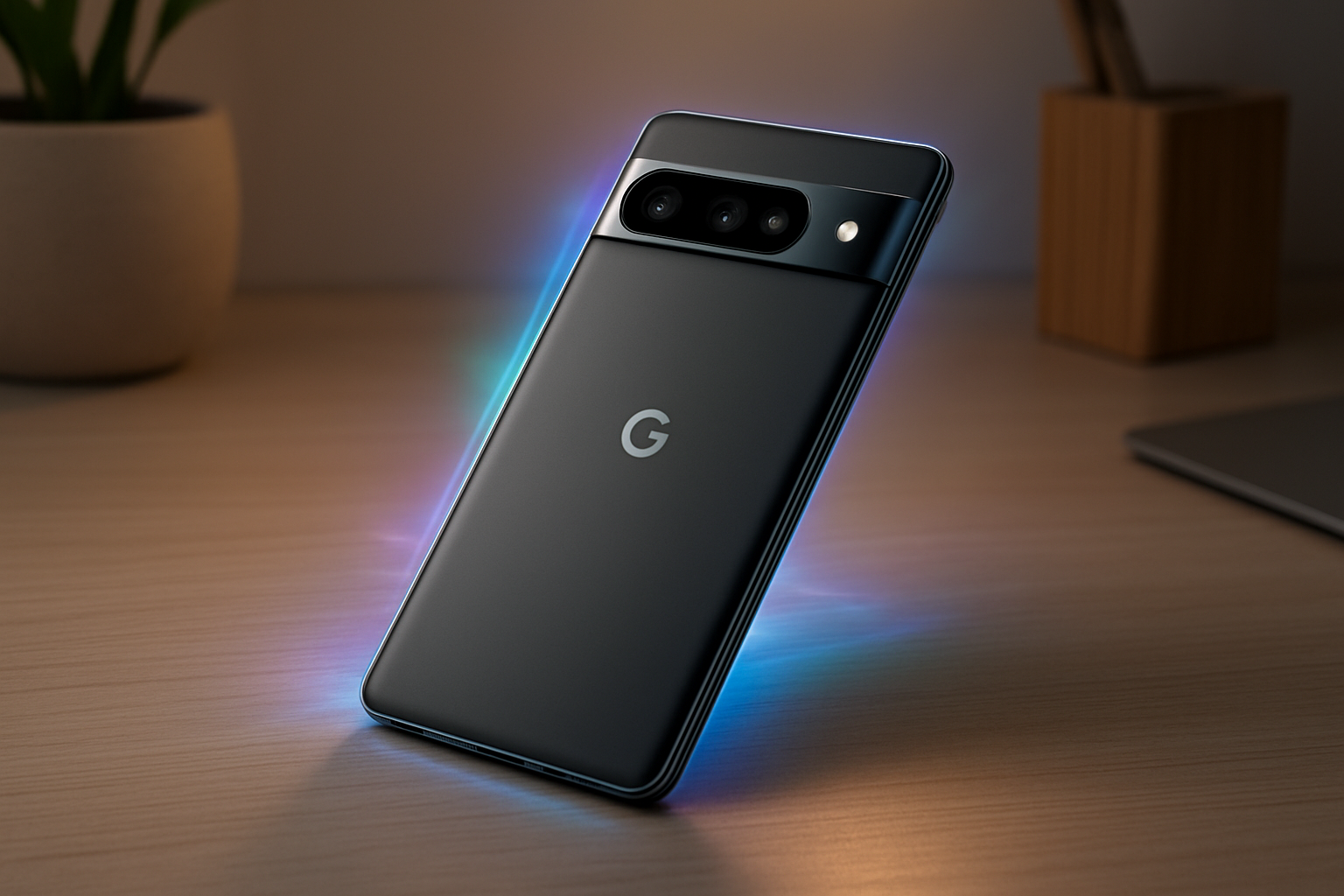 Create a realistic image of a sleek Google Pixel 10 Pro smartphone positioned at a dynamic angle on a modern minimalist desk surface, with subtle holographic light effects emanating from the device suggesting advanced AI capabilities, surrounded by soft ambient lighting that creates gentle shadows, the phone's premium design clearly visible with its camera module and refined edges, complemented by a clean contemporary workspace background with hints of sustainable materials like bamboo or recycled elements, the overall scene conveying innovation and technological breakthrough with a warm yet futuristic atmosphere, absolutely NO text should be in the scene.