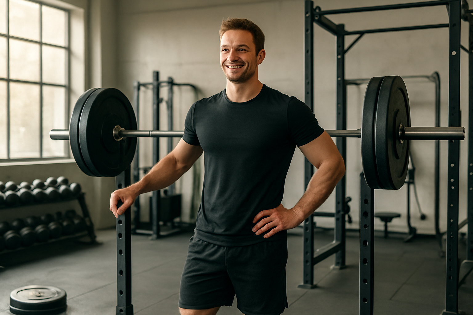 Create a realistic image of a fit white male athlete in a modern gym setting, standing confidently next to a barbell loaded with weights on a squat rack, with a subtle smile showing achievement and satisfaction, surrounded by various strength training equipment including dumbbells, weight plates, and a pull-up bar in the background, with bright natural lighting streaming through large windows creating an inspiring and motivational atmosphere that conveys success and goal accomplishment, absolutely NO text should be in the scene.