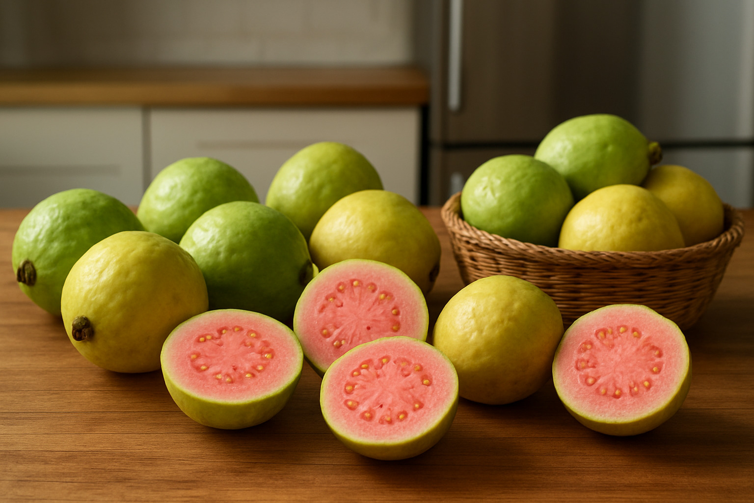 Create a realistic image of fresh guavas at different stages of ripeness arranged on a wooden kitchen counter, showing some perfectly ripe yellow-green guavas alongside slightly underripe green ones, with a few guavas cut in half displaying their pink flesh and seeds, a small woven basket containing additional guavas, and a refrigerator visible in the soft-lit kitchen background, emphasizing the selection process and proper storage of quality guavas, absolutely NO text should be in the scene.