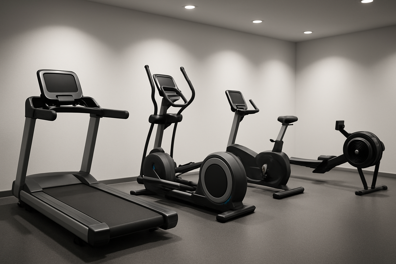 Create a realistic image of a modern gym interior showing various cardio equipment including a treadmill, elliptical machine, stationary bike, and rowing machine arranged in a row, with soft overhead lighting creating shadows that emphasize the differences between each machine, clean white and gray color scheme with some blue accents, no people present, focused on showcasing the distinct designs and mechanisms of each piece of equipment to highlight their unique features, absolutely NO text should be in the scene.