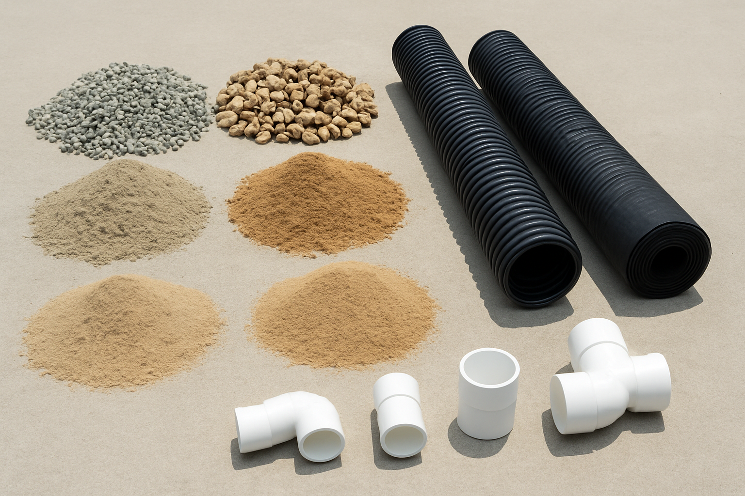 Create a realistic image of essential drainage materials neatly arranged and displayed including different sizes of gravel from fine to coarse, various grades of sand in small piles, perforated drainage pipes, landscape fabric rolls, and PVC fittings, all laid out on a clean concrete surface in a well-lit outdoor setting with natural daylight, showing the materials in an organized manner as if prepared for a dog potty area drainage installation project, absolutely NO text should be in the scene.