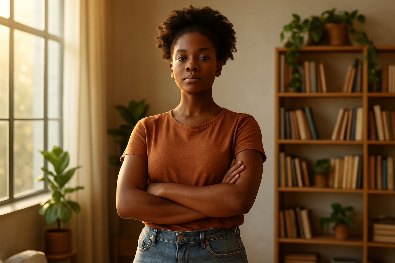 Create a realistic image of a confident young black woman standing tall with her shoulders back and head held high, arms crossed in a strong posture, wearing comfortable casual clothes, positioned in a bright modern room with natural sunlight streaming through large windows, surrounded by plants and books on self-improvement visible on nearby shelves, with warm golden lighting creating an empowering and peaceful atmosphere, absolutely NO text should be in the scene.