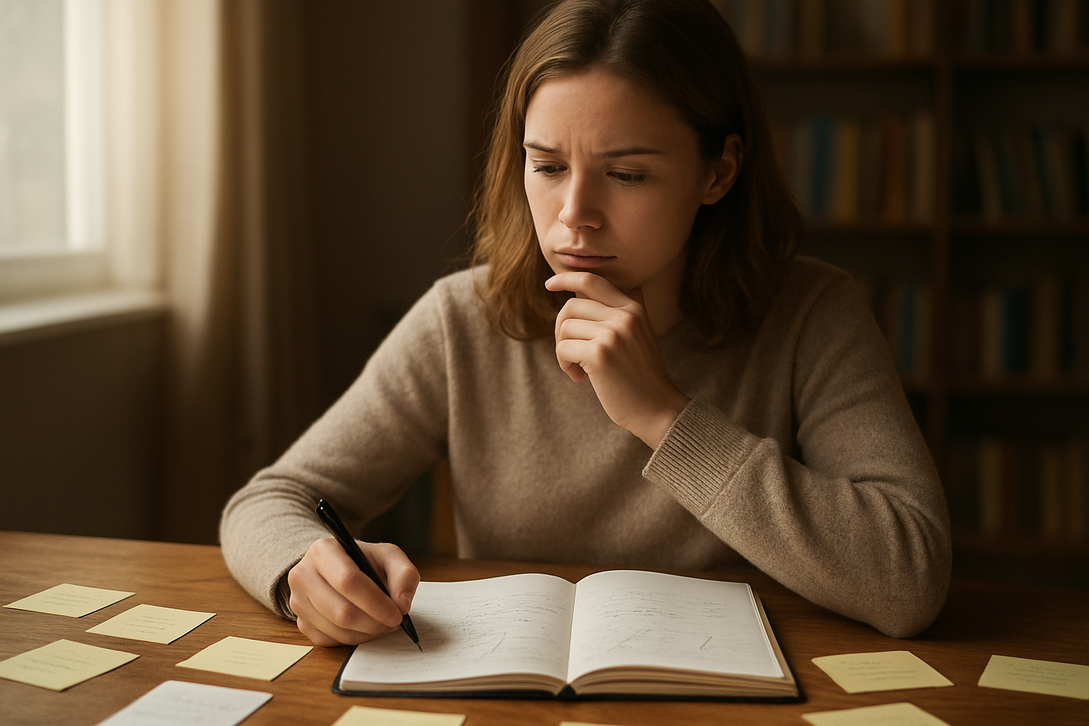 Create a realistic image of a young white female sitting at a wooden desk with a thoughtful expression, holding a pen while looking at multiple handwritten notes and sticky notes scattered on the desk surface, with a notebook open showing crossed-out words and question marks, soft natural lighting from a window creating a contemplative atmosphere, warm indoor setting with blurred bookshelves in the background, conveying the process of careful consideration and decision-making, absolutely NO text should be in the scene.