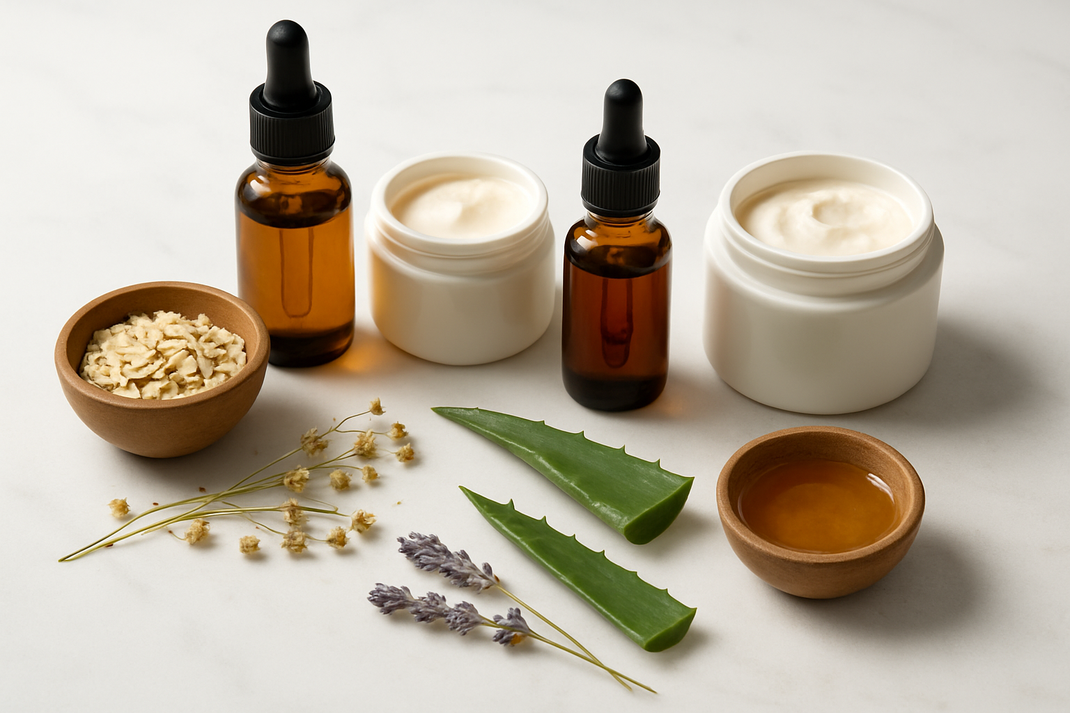 Create a realistic image of various natural skincare products arranged on a clean white marble surface, including small amber glass bottles with droppers containing serums and oils, white ceramic jars with natural creams, small wooden bowls filled with organic ingredients like oatmeal and honey, fresh aloe vera leaves, dried chamomile flowers, and lavender sprigs, with soft natural lighting from above creating gentle shadows, shot from a slightly elevated angle to show the arrangement clearly, with a minimalist spa-like aesthetic and calming neutral tones, Absolutely NO text should be in the scene.