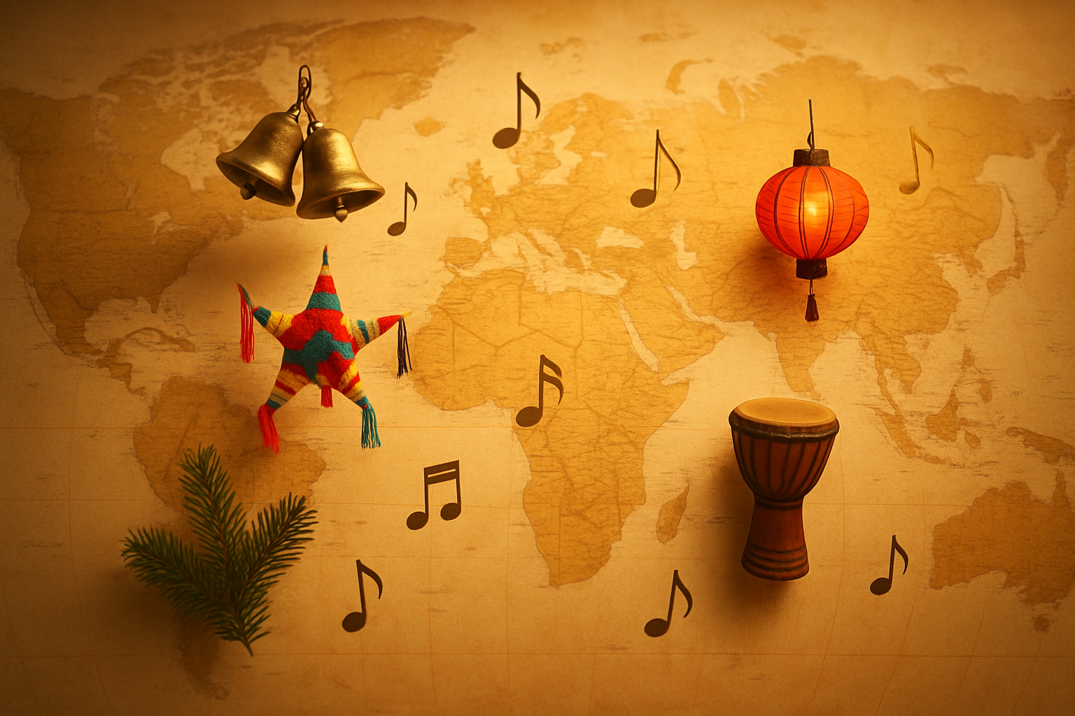 Create a realistic image of a world map with musical notes and traditional Christmas symbols from different cultures floating above various countries, including European church bells, Mexican piñatas, African drums, Asian lanterns, and Nordic evergreen branches, with a warm golden lighting that creates a festive atmosphere, showing the global nature of Christmas carol traditions across continents, absolutely NO text should be in the scene.