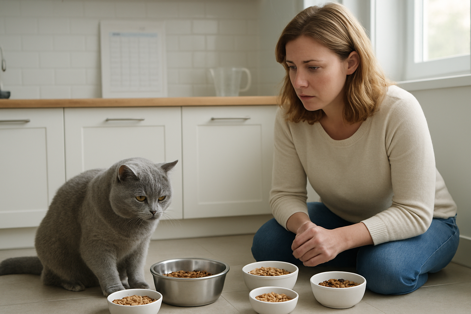 Create a realistic image of a British Blue shorthair cat sitting beside multiple feeding bowls of different sizes containing various types of cat food including dry kibble, wet food, and treats, with a concerned white female pet owner kneeling nearby observing the cat's eating behavior, set in a modern kitchen with natural lighting from a window, creating a helpful and caring atmosphere that suggests problem-solving feeding issues, with a measuring cup and feeding schedule chart visible on the counter, absolutely NO text should be in the scene.