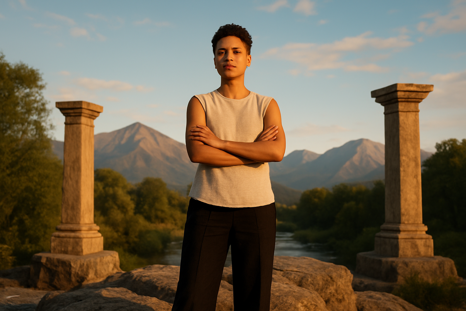 Create a realistic image of a confident person of mixed race and non-binary gender standing on solid rock foundation with arms crossed in a self-assured pose, surrounded by a serene landscape with mountains in the background, golden hour lighting casting warm shadows, stone pillars or architectural elements representing strength and stability around the figure, clear blue sky with soft clouds, the person wearing simple elegant clothing that conveys inner strength and self-assurance, peaceful and empowering atmosphere with natural elements like trees or flowing water nearby symbolizing growth and resilience, absolutely NO text should be in the scene.
