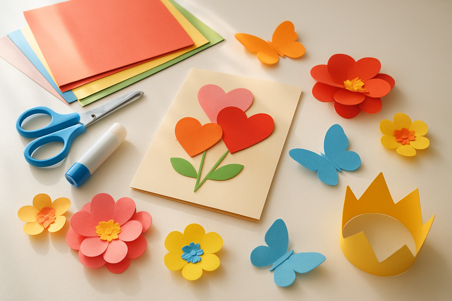 Create a realistic image of colorful handmade paper crafts laid out on a clean white table surface including paper flowers, a decorated greeting card with hearts, paper butterflies, and a simple paper crown, with craft supplies like colored paper sheets, child-safe scissors, and glue sticks scattered around, soft natural lighting from a window creating gentle shadows, warm and cheerful mood perfect for Mother's Day gift-making. Absolutely NO text should be in the scene.