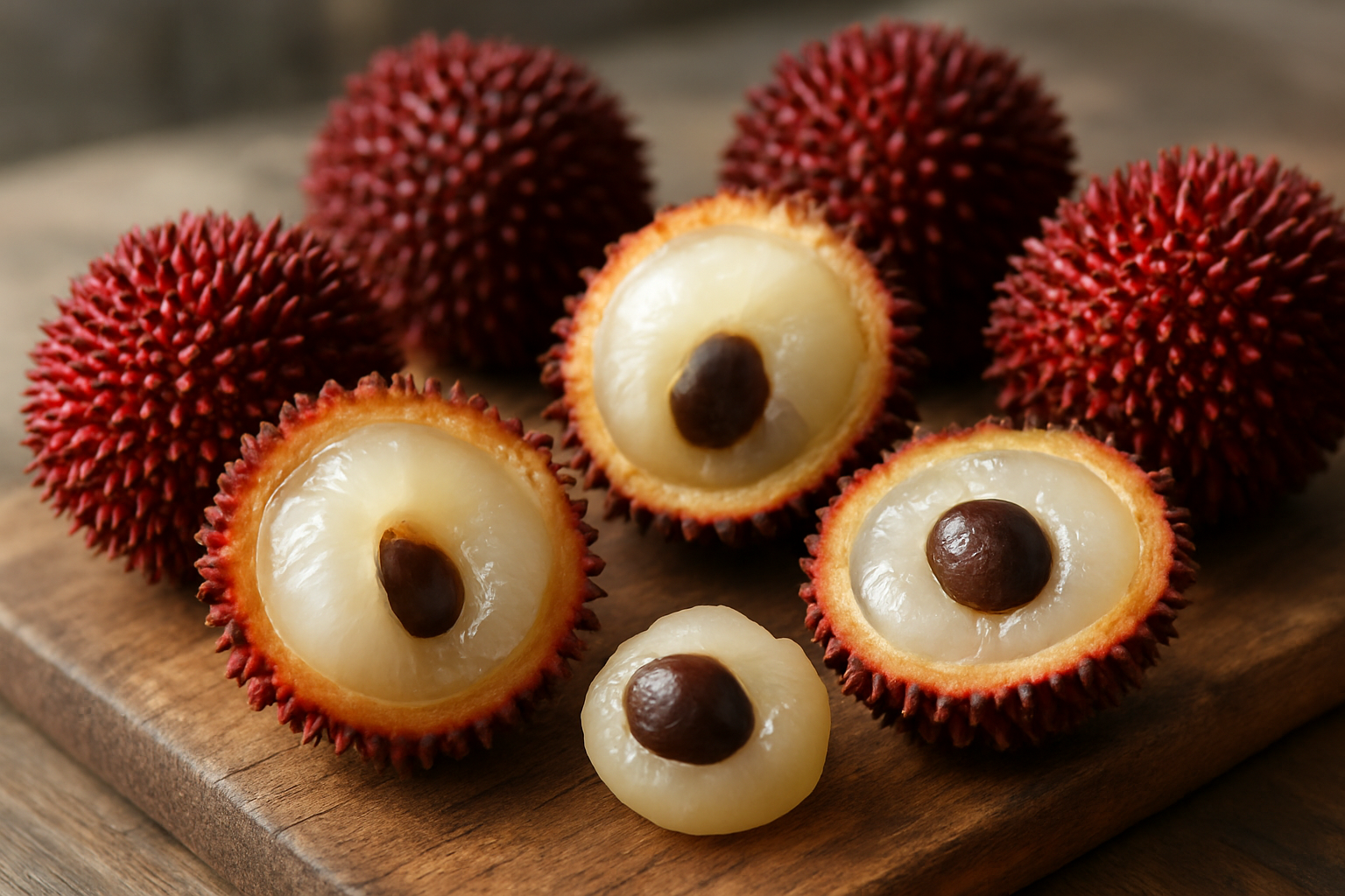 Create a realistic image of fresh pulasan fruits cut open to reveal their translucent white flesh and dark seeds, arranged on a rustic wooden cutting board with whole unopened pulasan fruits showing their distinctive red spiky exterior, natural daylight streaming from the side creating soft shadows, emphasizing the juicy texture and appetizing appearance of the tropical fruit, Absolutely NO text should be in the scene.