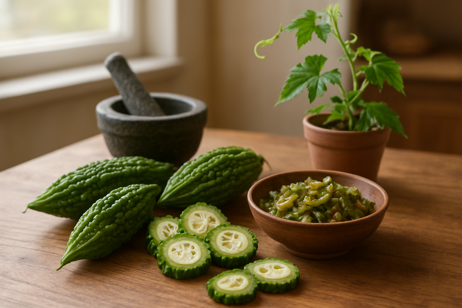 Create a realistic image of a wooden kitchen table with fresh whole bitter melons and sliced bitter melon pieces displaying their distinctive warty green exterior and white interior with seeds, alongside a small bowl of cooked bitter melon stir-fry, a traditional mortar and pestle, and a small potted bitter melon plant with climbing vines, set against a warm, well-lit kitchen background with soft natural lighting from a window, conveying a sense of culinary completion and holistic understanding of the vegetable from farm to table, absolutely NO text should be in the scene.