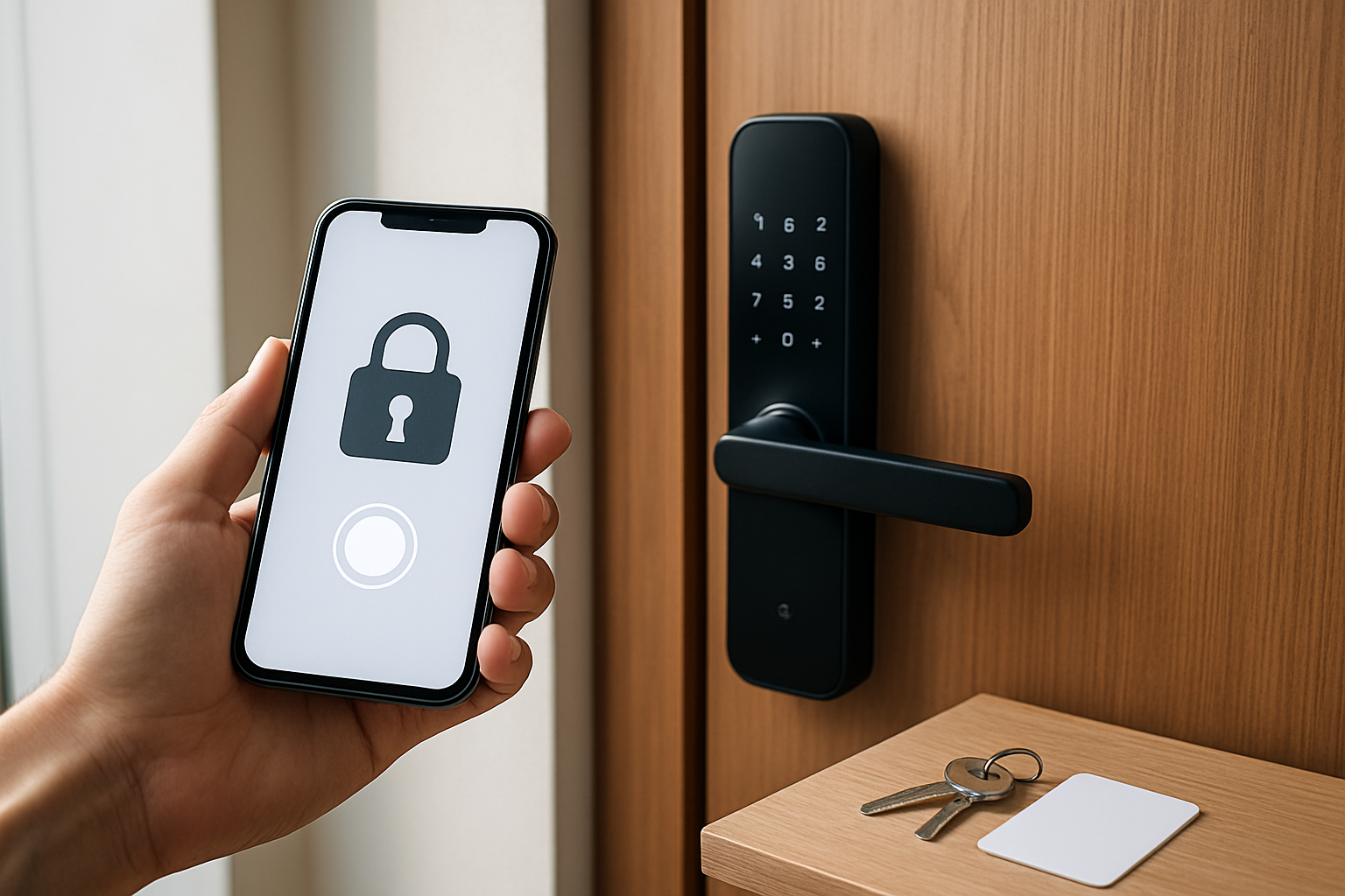 Create a realistic image of a modern rental property entrance featuring a sleek WiFi smart door lock mounted on a wooden door, with a smartphone in the foreground displaying a digital lock interface app, soft natural lighting illuminating the scene, a clean and professional atmosphere suggesting security and convenience, with house keys and an RFID card placed nearby on a small table to show the transition from traditional to smart access methods, absolutely NO text should be in the scene.