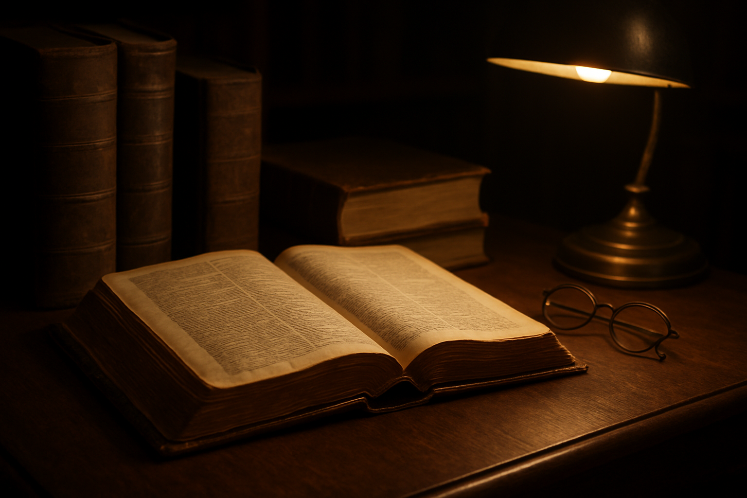 Create a realistic image of an open ancient Bible with worn leather binding resting on a wooden study desk, surrounded by theological reference books and scholarly commentaries, with a pair of reading glasses placed nearby, soft warm lighting from a desk lamp illuminating the pages, creating a contemplative academic atmosphere in a quiet library or study room setting, with deep shadows in the background suggesting serious scholarly work, absolutely NO text should be in the scene.
