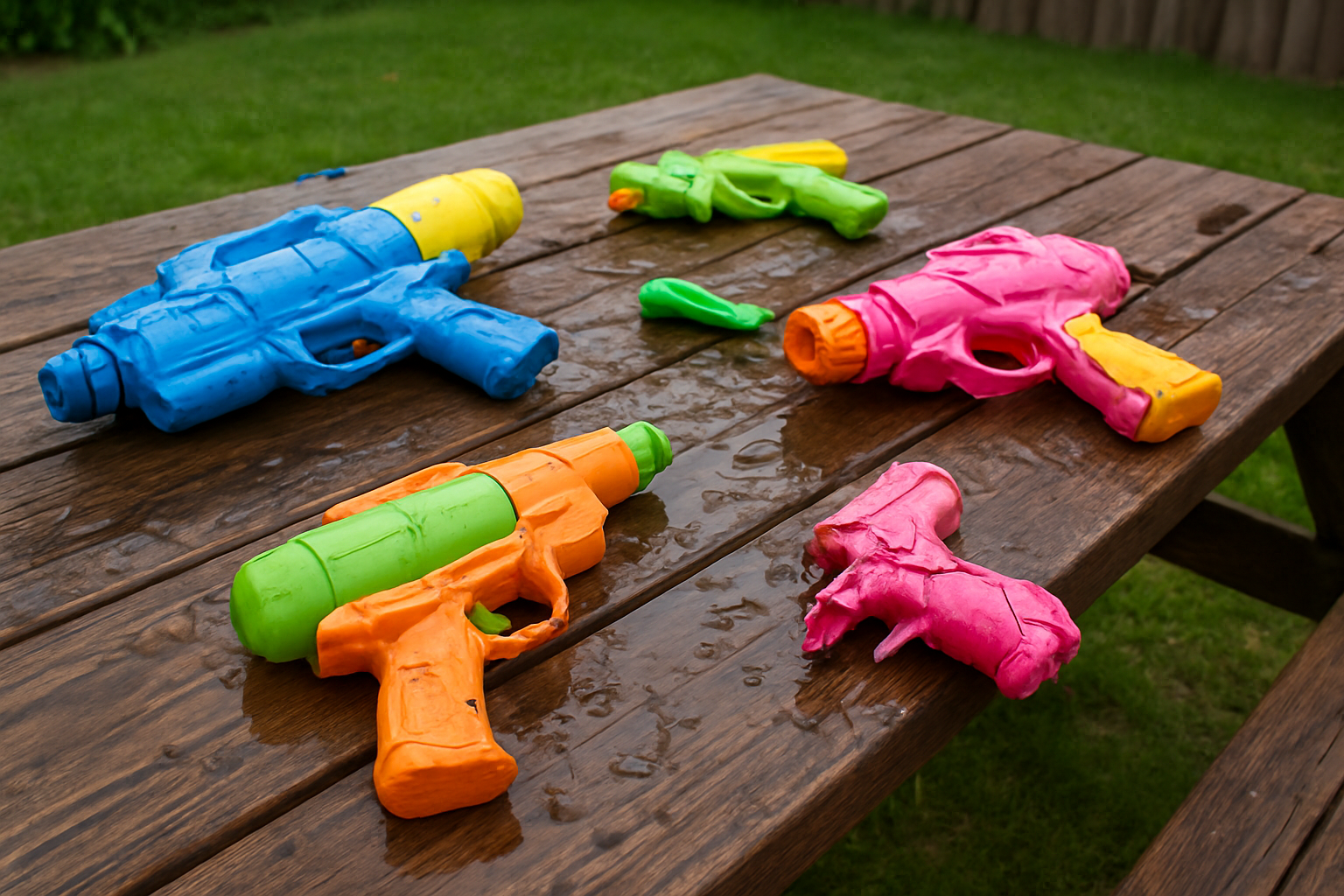 Create a realistic image of several traditional plastic water guns of different sizes and colors scattered on a wooden picnic table, with visible water puddles around them showing poor water stream performance, some guns appearing damaged or broken with cracked plastic parts, set in a backyard during daytime with natural lighting, conveying a sense of disappointment and inadequate functionality, absolutely NO text should be in the scene.
