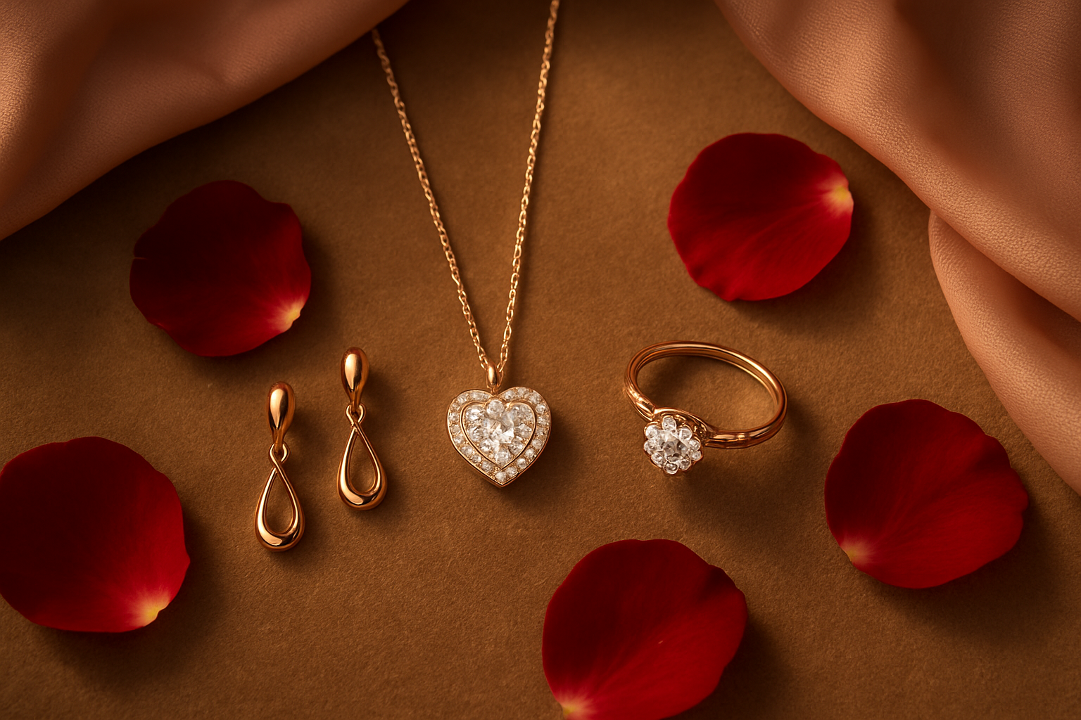 Create a realistic image of elegant romantic jewelry pieces beautifully arranged on a soft velvet surface, featuring a sparkling diamond necklace with heart-shaped pendant, delicate rose gold earrings, and a vintage-style engagement ring, surrounded by scattered red rose petals and soft pink silk fabric, with warm golden lighting creating gentle shadows and romantic ambiance, shot from above in an intimate jewelry store or luxury gift setting, absolutely NO text should be in the scene.