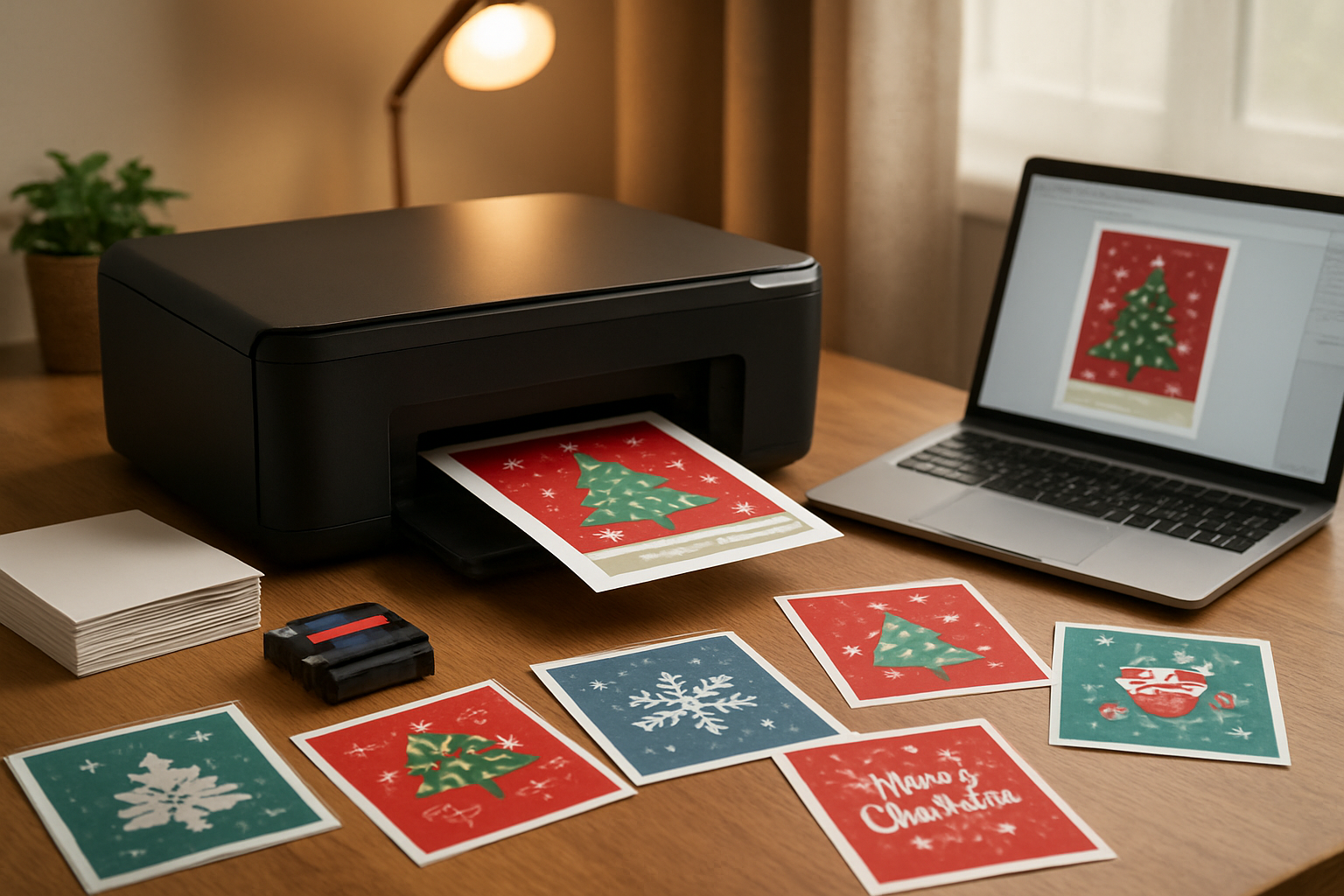 Create a realistic image of a home office desk scene showing the process of printing digital holiday cards, featuring a modern printer actively printing colorful Christmas and New Year cards with festive designs, freshly printed cards scattered on the wooden desk surface displaying various holiday themes like snowflakes and Christmas trees, a laptop computer open showing a digital card design on screen, a stack of high-quality cardstock paper nearby, ink cartridges and printing supplies arranged on the desk, warm ambient lighting from a desk lamp creating a cozy productive atmosphere, and a comfortable indoor setting with soft natural light filtering through a nearby window, absolutely NO text should be in the scene.