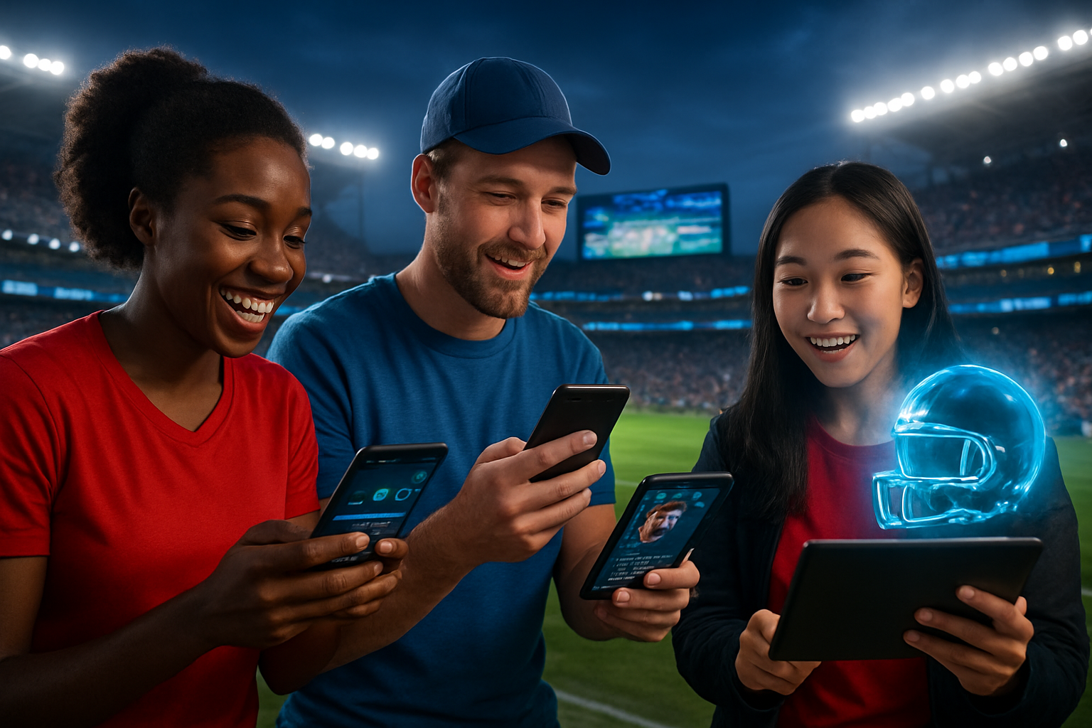 Create a realistic image of diverse sports fans in a modern stadium setting engaging with personalized digital experiences on their smartphones and tablets, showing a black female fan receiving customized game statistics, a white male fan viewing personalized player recommendations, and an Asian female fan interacting with AR features, with stadium lights creating a vibrant evening atmosphere, digital screens displaying dynamic content in the background, and the overall mood conveying excitement and technological innovation in sports entertainment, absolutely NO text should be in the scene.