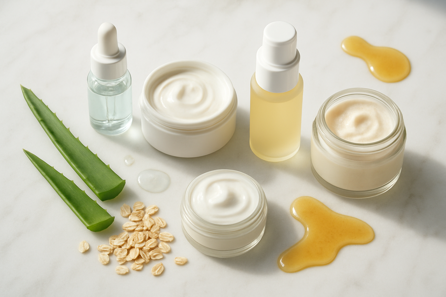 Create a realistic image of skincare ingredients and products specifically for dry skin arranged on a clean white marble surface, featuring bottles and jars of serums and moisturizers with visible key ingredients like hyaluronic acid droplets, ceramide cream texture, and natural oils, surrounded by complementary elements such as fresh aloe vera leaves, oatmeal grains, and honey drizzles, with soft natural lighting creating gentle shadows and highlighting the luxurious textures of the products, conveying a spa-like atmosphere that emphasizes hydration and nourishment for dry skin care, absolutely NO text should be in the scene.