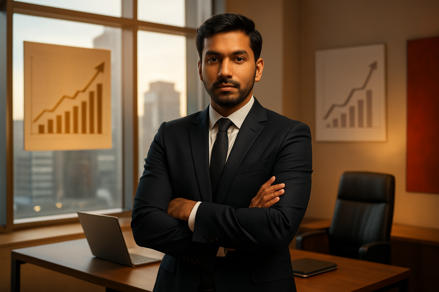 செவ்வாய் Create a realistic image of a South Asian male professional in a dark business suit standing confidently in a modern office environment, with his arms crossed and a determined expression, surrounded by symbols of career success including charts showing upward trends, a sleek desk with a laptop, office buildings visible through large windows in the background, warm golden lighting creating an atmosphere of power and ambition, with subtle red accents in the decor representing Mars energy, absolutely NO text should be in the scene.
