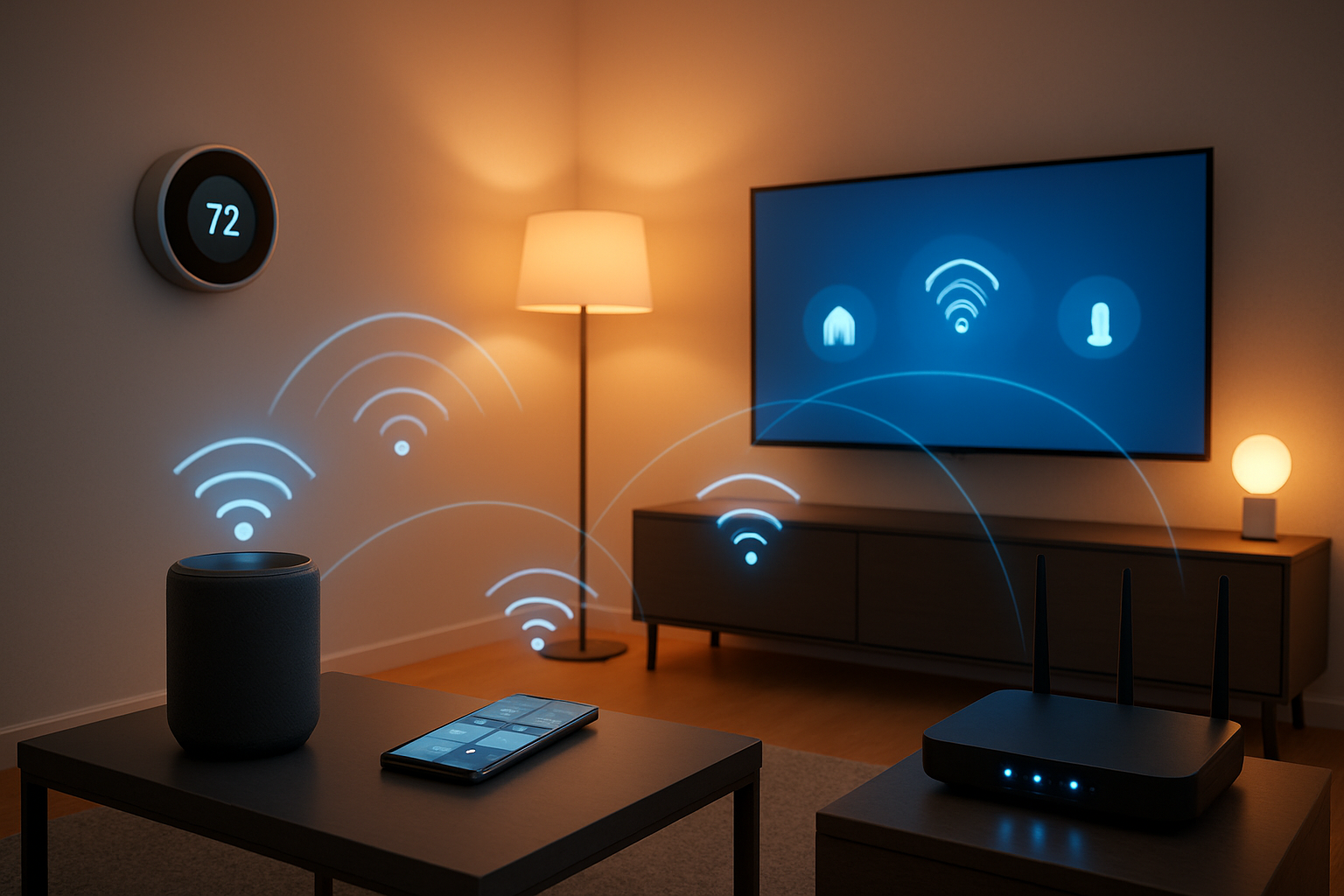 Create a realistic image of a modern smart home environment showcasing interconnected IoT devices including a smart thermostat on the wall, voice assistant speaker on a sleek table, smartphone displaying home automation controls, smart LED lights with visible connectivity symbols floating between devices, a smart TV screen, and wireless router with glowing connection indicators, set in a contemporary living room with warm ambient lighting and a clean minimalist design, featuring subtle blue and white wireless signal waves connecting all devices to emphasize the interconnected network, absolutely NO text should be in the scene.