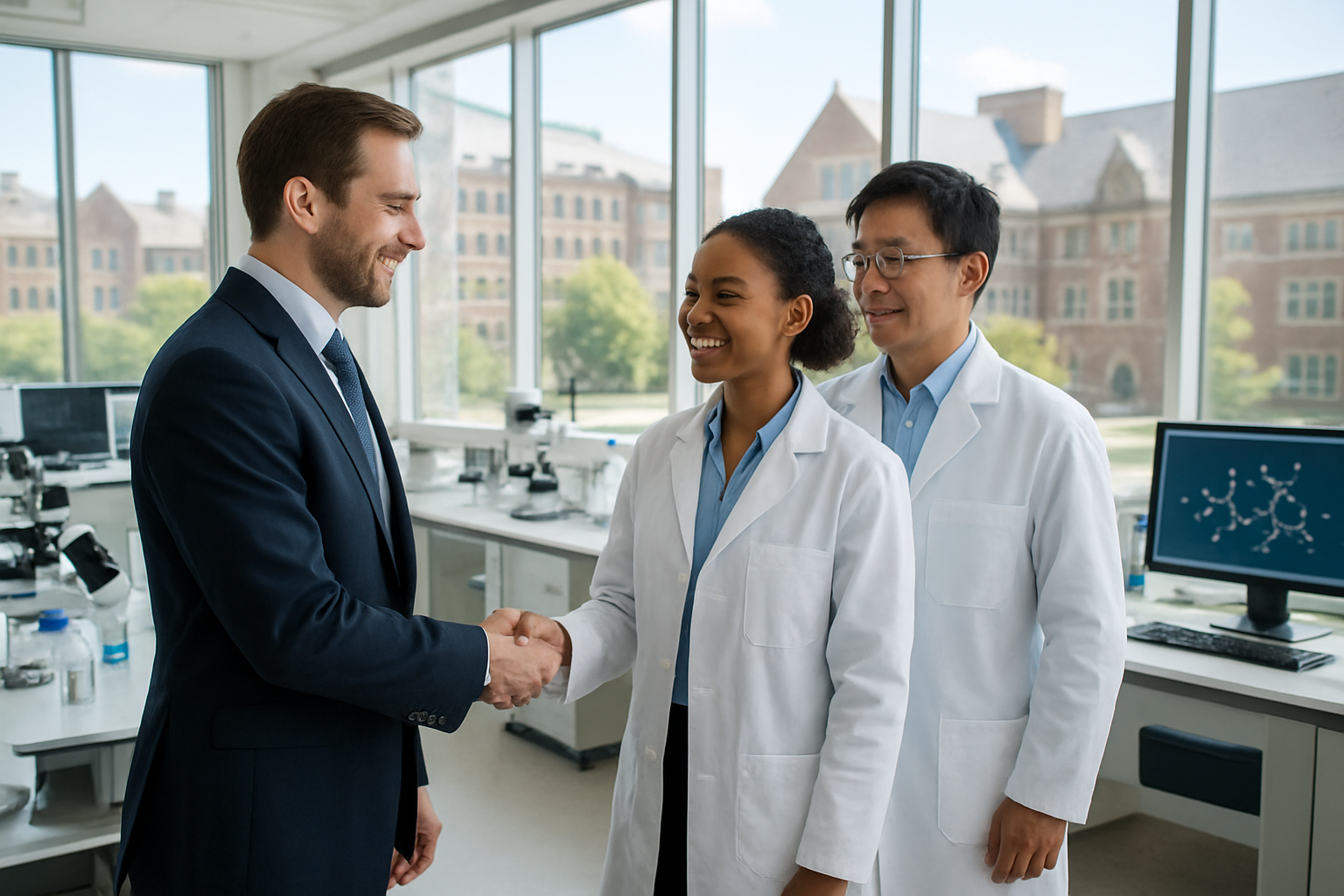 Create a realistic image of a modern university research laboratory with a white male biotech executive in a business suit shaking hands with a diverse group of researchers including a black female scientist in a lab coat and an Asian male professor, surrounded by advanced scientific equipment, microscopes, and computer screens displaying molecular structures, with large university campus buildings visible through floor-to-ceiling windows, bright natural lighting creating a professional and collaborative atmosphere, showcasing the partnership between industry and academia in the biopharma field, absolutely NO text should be in the scene.