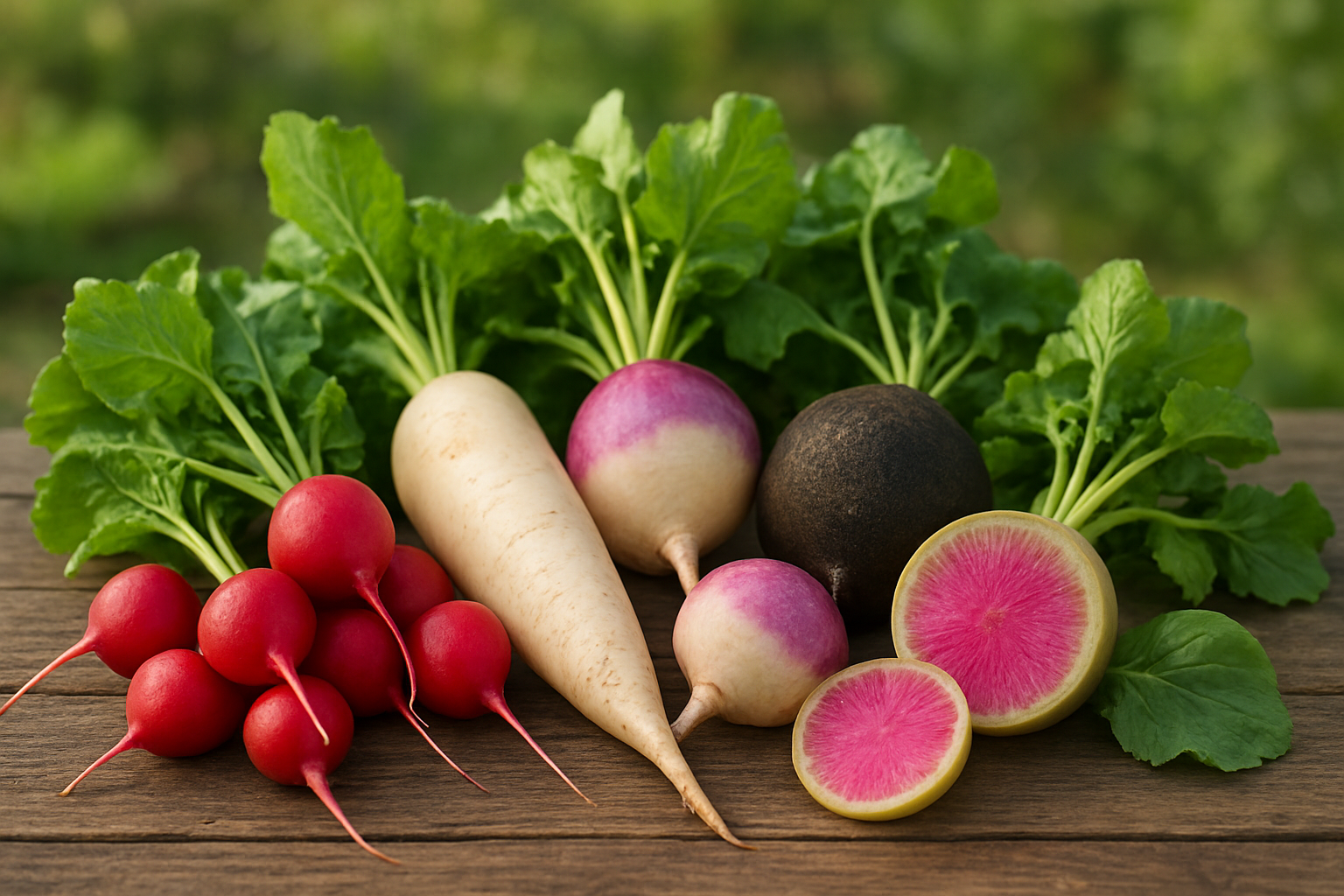 Create a realistic image of a diverse collection of popular radish varieties arranged on a rustic wooden surface, featuring red cherry belle radishes, white daikon radishes, purple-topped turnip radishes, black Spanish radishes, and watermelon radishes cut in half to show their pink interior, with some varieties still attached to their green leafy tops, set against a soft natural lighting backdrop with a blurred garden setting in the background, absolutely NO text should be in the scene.