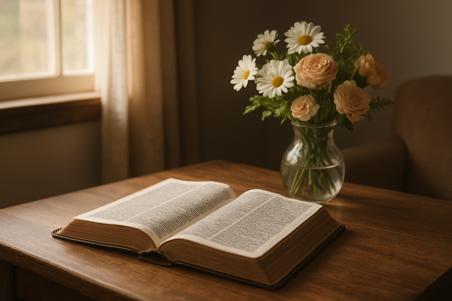 Create a realistic image of a peaceful indoor scene with an open Bible placed on a wooden table alongside fresh flowers in a vase, with soft natural lighting streaming through a nearby window, gentle shadows cast across the pages, and a serene, devotional atmosphere that conveys prayer and spiritual reflection, with warm earth tones and a cozy home setting in the background. Absolutely NO text should be in the scene.