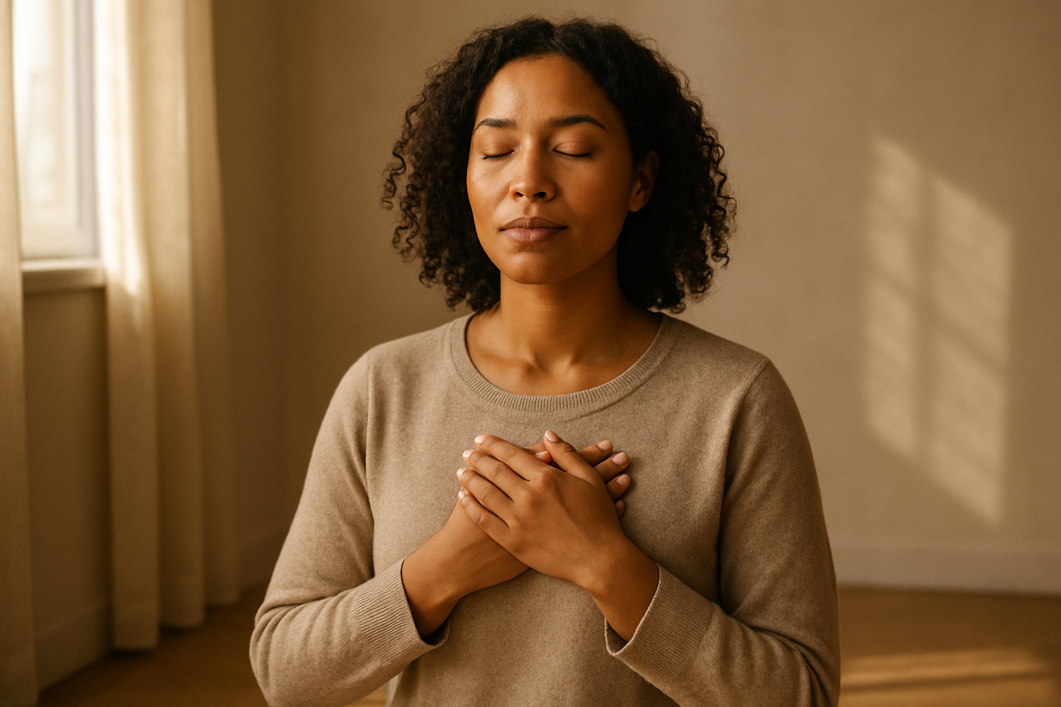 Create a realistic image of a diverse woman of mixed race sitting peacefully in a softly lit, minimalist room with warm natural lighting streaming through a window, her eyes closed in a meditative pose with a serene expression showing self-acceptance, surrounded by gentle shadows and light that create a transformative atmosphere, with her hands placed gently on her heart in a gesture of self-compassion, the background featuring soft neutral tones and a sense of inner calm and personal growth, absolutely NO text should be in the scene.