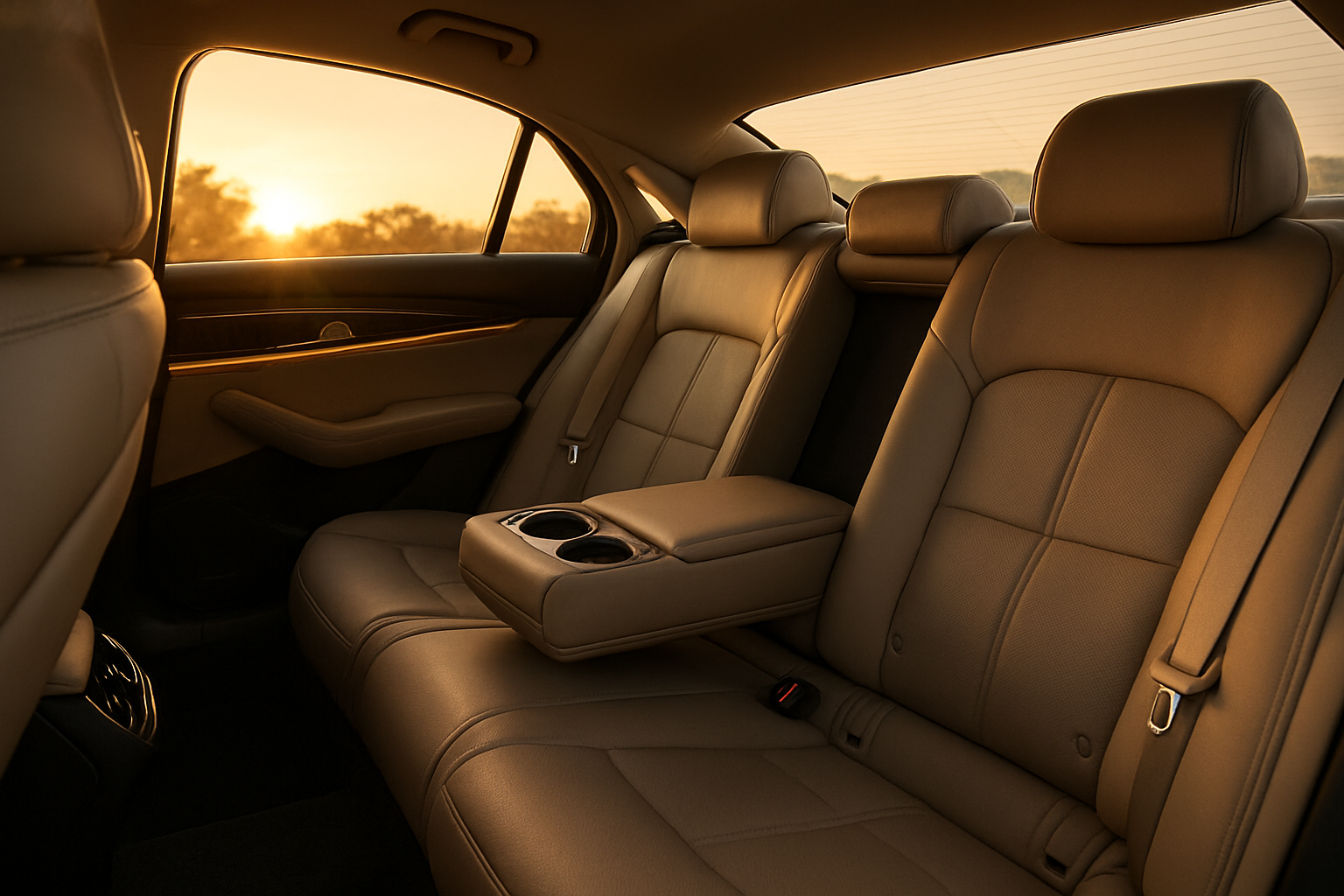 Create a realistic image of a luxurious car interior showcasing premium comfort features including plush leather seats with adjustable headrests, climate control vents, cup holders, armrests, and soft ambient lighting, shot from a passenger's perspective with warm golden hour lighting streaming through tinted windows, emphasizing the cozy and sophisticated atmosphere of a high-end vehicle cabin, absolutely NO text should be in the scene.