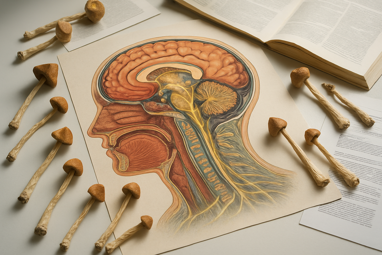 Create A Realistic Image Of A Detailed Scientific Cross-Section Illustration Showing The Human Brain And Nervous System With Subtle Glowing Neural Pathways, Surrounded By Dried Psilocybin Mushrooms Arranged On A Clean White Laboratory Table, With Soft Natural Lighting From Above, Medical Textbooks And Research Papers Scattered Nearby, And A Calm, Educational Atmosphere That Conveys Scientific Understanding Of Psychedelic Effects On Human Physiology, Absolutely No Text Should Be In The Scene.