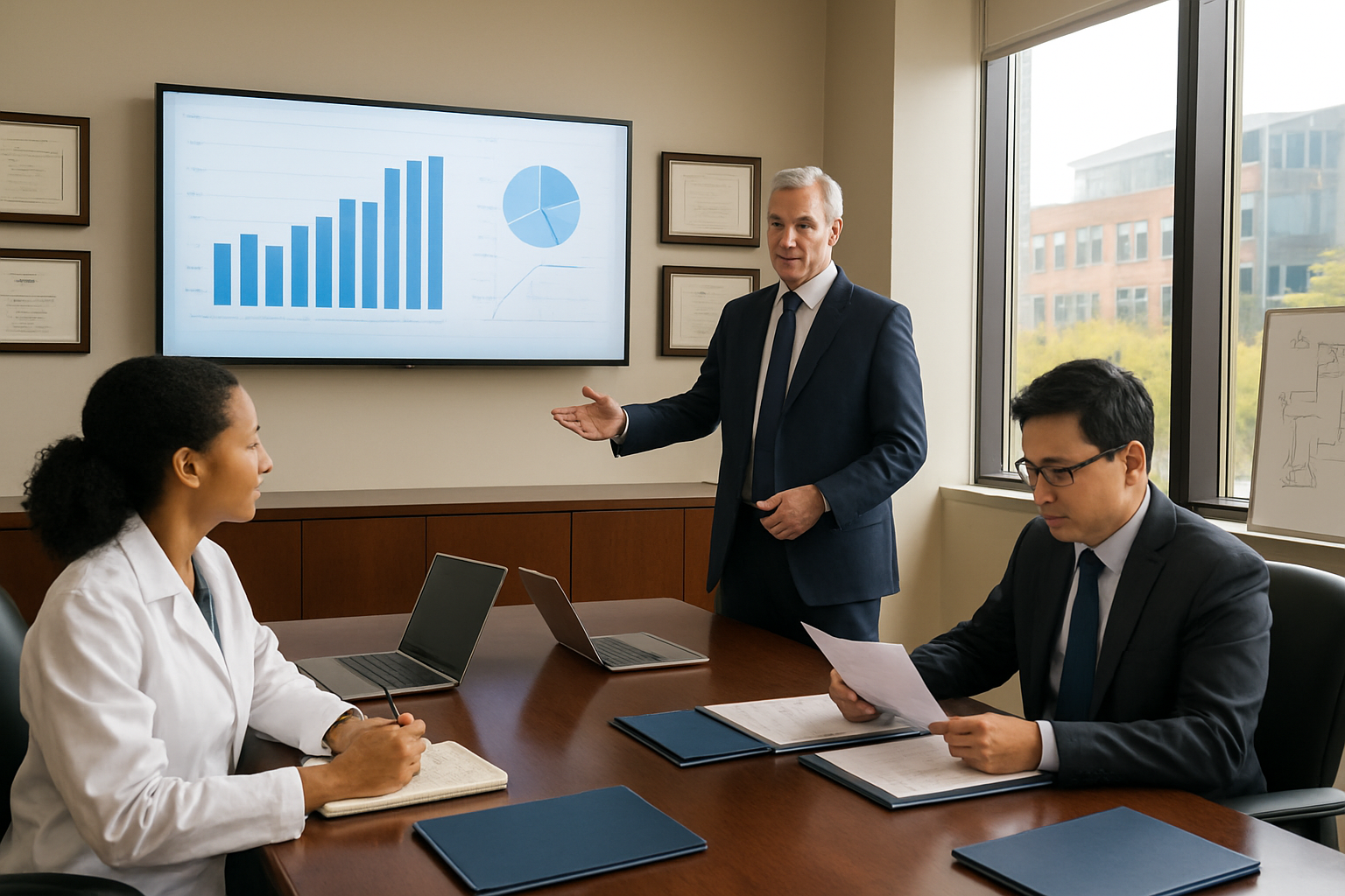 Create a realistic image of a modern university conference room with a diverse group of professionals engaged in a strategic meeting, featuring a middle-aged white male university administrator in a suit presenting research data on a large wall-mounted screen, a young black female scientist in a lab coat taking notes, and an Asian male biotech executive reviewing documents at a polished wooden conference table, with university diplomas and awards visible on the walls, large windows showing a campus view with research buildings in the background, bright natural lighting creating a professional collaborative atmosphere, laptops and research folders scattered on the table, and a whiteboard with partnership flowcharts visible in the corner, absolutely NO text should be in the scene.