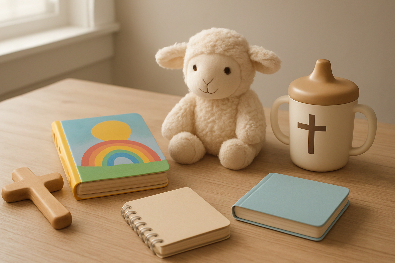 Create a realistic image of a wooden table displaying practical Christian items for toddlers including a small colorful children's Bible with soft covers, a wooden cross-shaped teething toy, a sippy cup with simple cross design, Christian-themed board books, a soft plush lamb toy, and a small prayer journal with child-friendly binding, arranged on a clean white wooden surface with soft natural lighting from a nearby window, creating a warm and peaceful domestic setting, absolutely NO text should be in the scene.